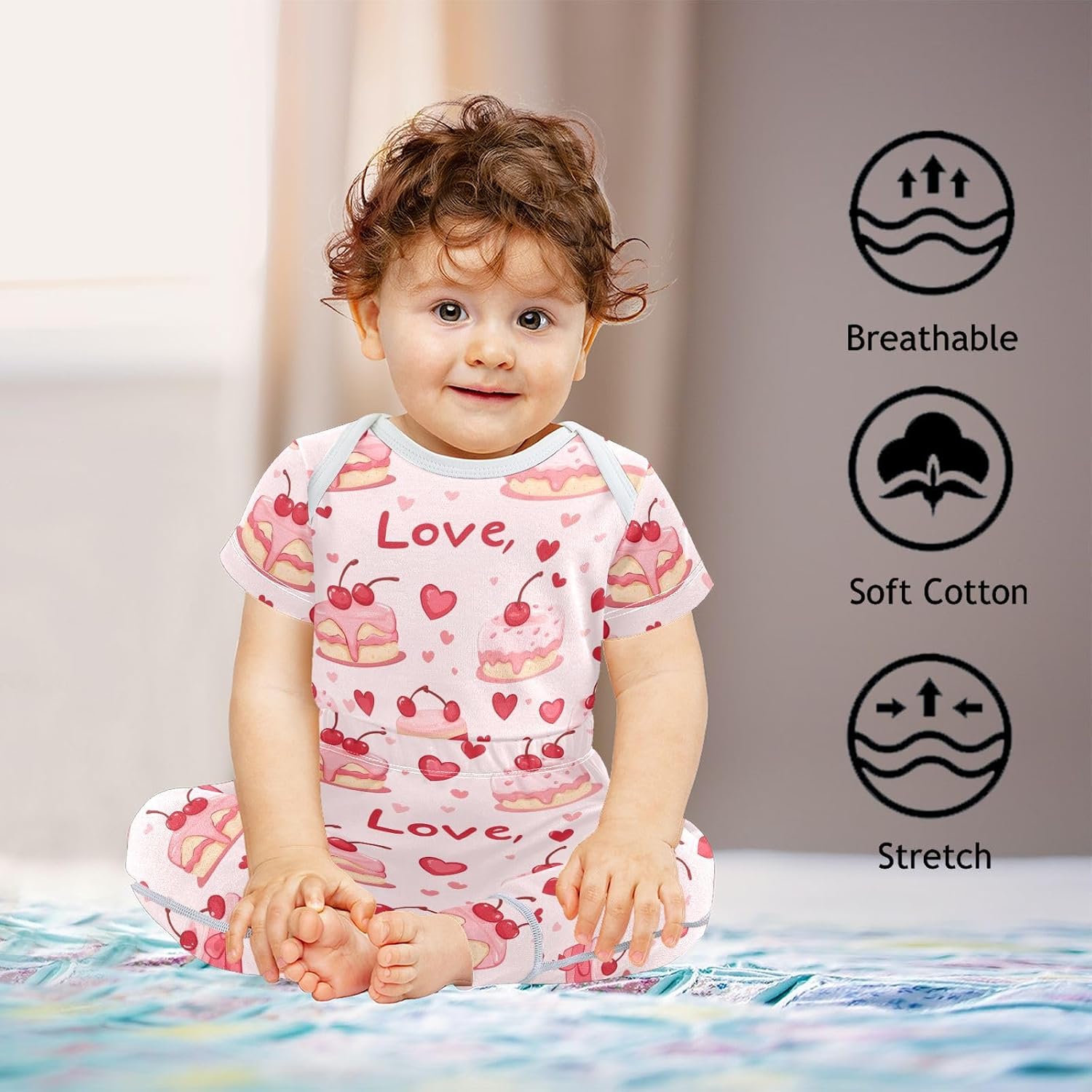 vvfelixl Baby Clothes Pink Cherry Cake Baby Bodysuits Set Unisex Short Sleeve Babys Pants Sets 0-3M