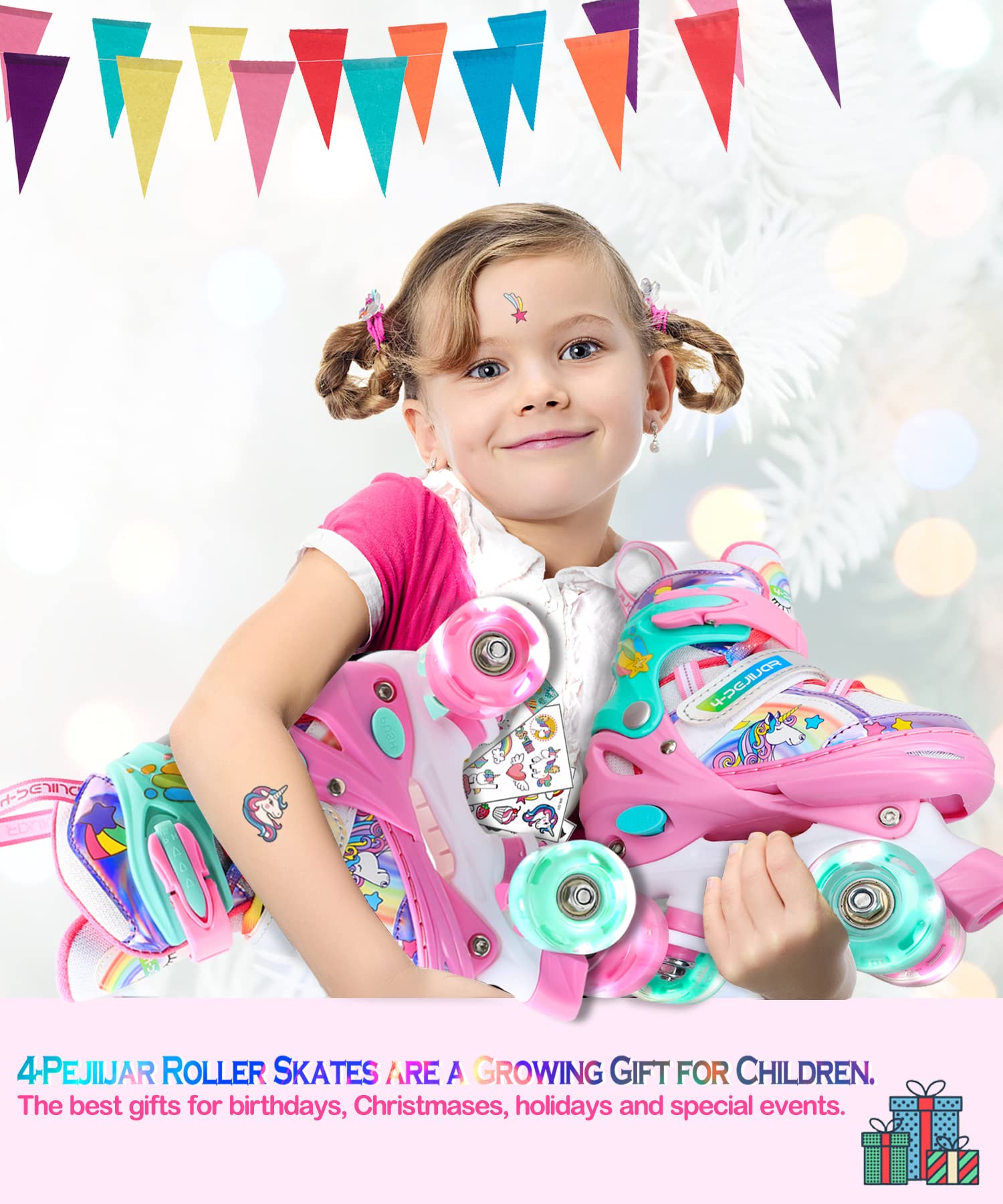 Pattini a Rotelle Bambina Unicorno Pattini Regolabili Pattini a Rotelle in Linea con 4 LED Ruote per Bambini Ragazzi Principianti
