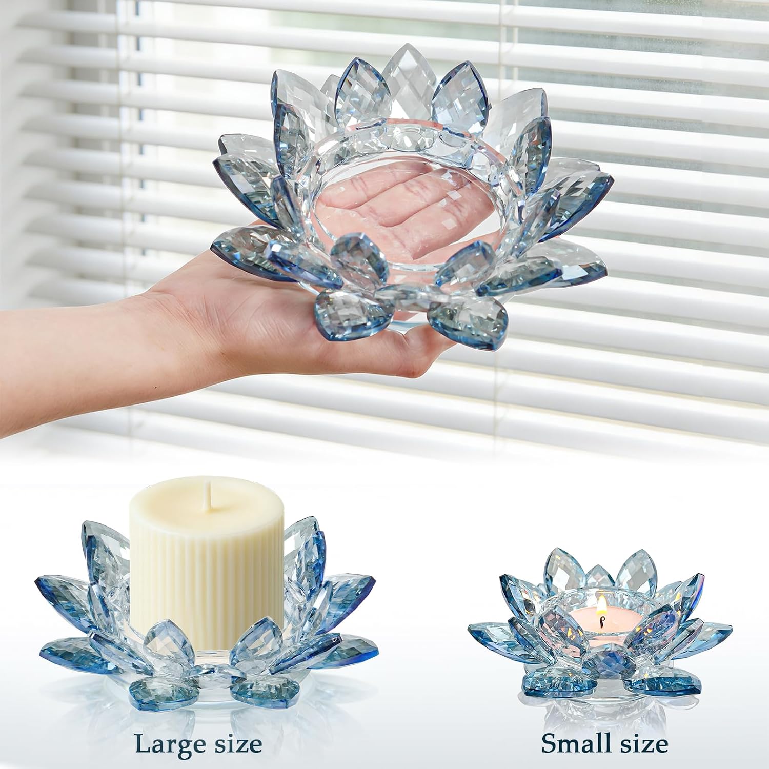 Large Crystal Lotus Tealight Candle Holder for Up to 6" Diameter Pillar Candlestick, Chunky Glass Votive Stand for Wedding, Party, Table Centerpiece Decor and Yoga Meditation (1, Blue)