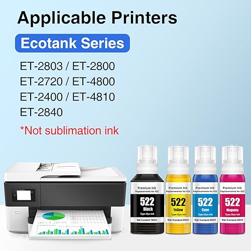 Miniatura 2 de 522 botellas de repuesto de tinta de alta capacidad para Epson 522 uso de tinta para impresora Epson Ecotank ET-2800 ET-4800 ET-2400 ET-2803 ET-2720