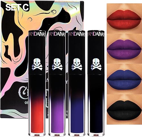 4Pcs Dark Red Purple Blue Black Matte Liquid Lipstick Sets,Matte Lipstick Lip Stain Long Lasting 24 Waterproof Lip Gloss Gift Set Matt Liquid Makeup Lipstick for Women Halloween Party Cosplay(Set C)