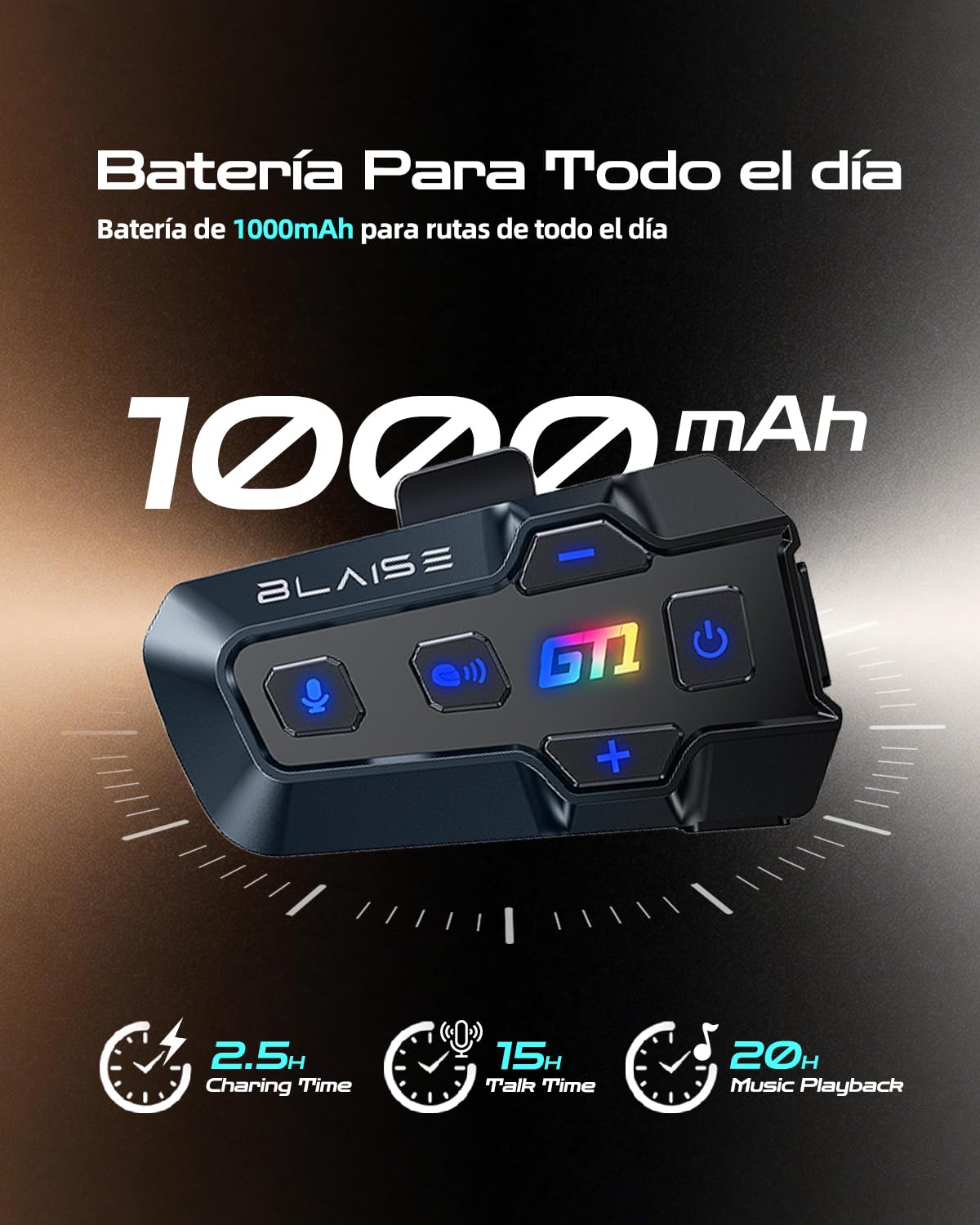 BLAISE GT Intercomunicador Casco Moto, 2 Vías Intercomunicador Moto 1000m
