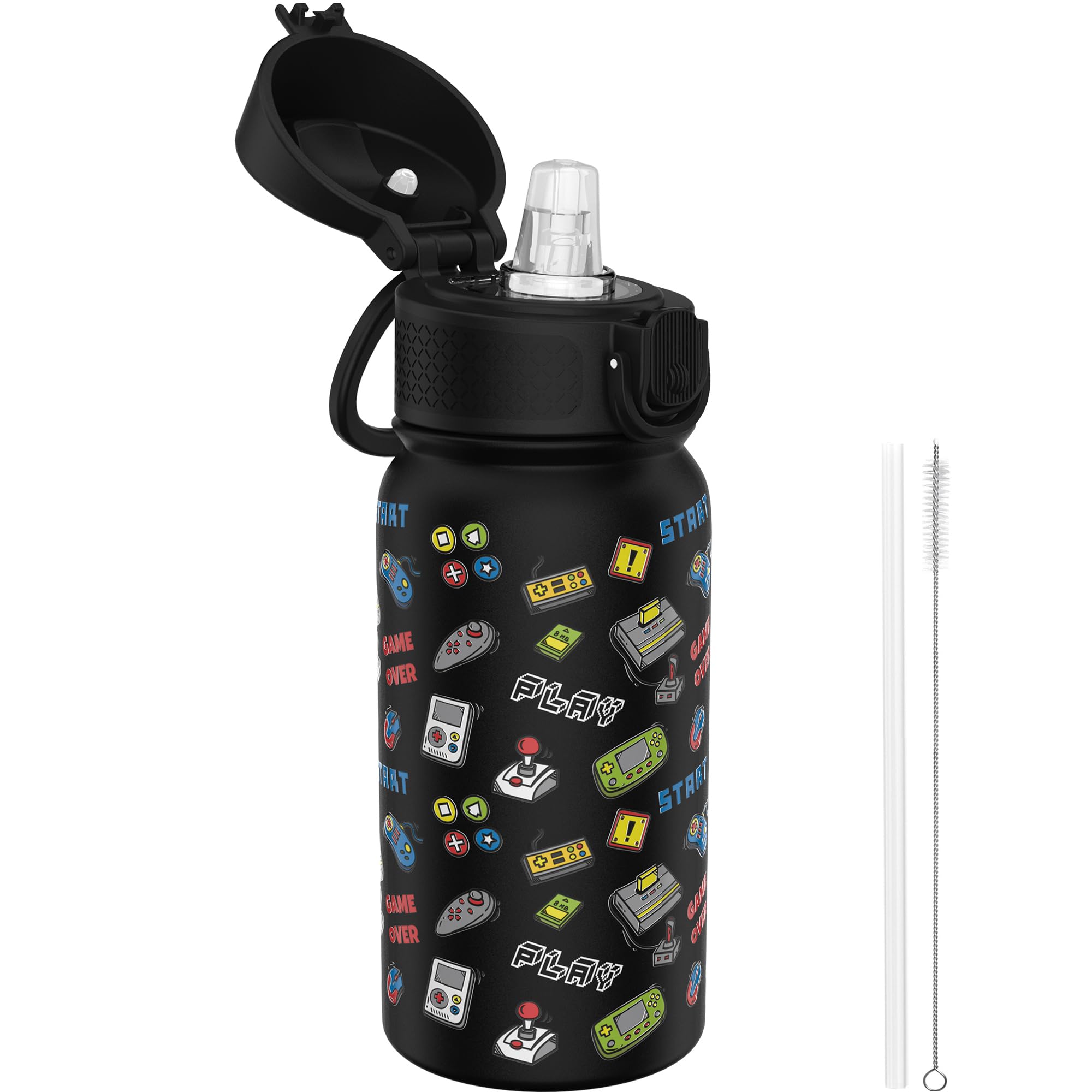 GOPPUS 350ml/12oz Kids Stainless Steel Water Bottle with Straw Toddler Drinks Bottle with Handle Small Insulated Bottles for Girls Boys School Cold Metal Flask with Flip Top Lid BPA Free (Black Game)