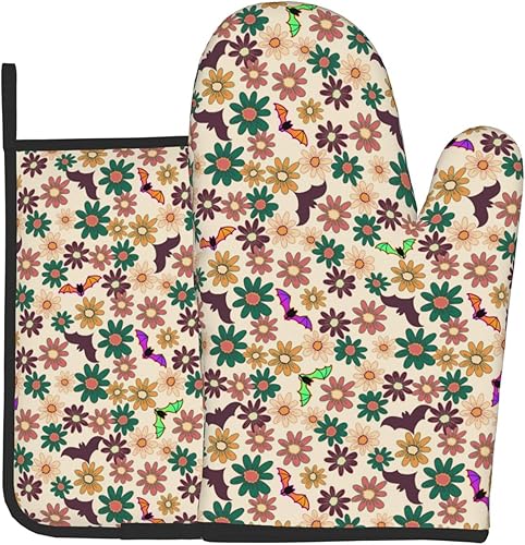Miniatura 2 de Juego de murciélagos con guantes de horno de flores y soportes para ollas, guantes de horno resistentes al calor para una cocina segura, cocinar,
