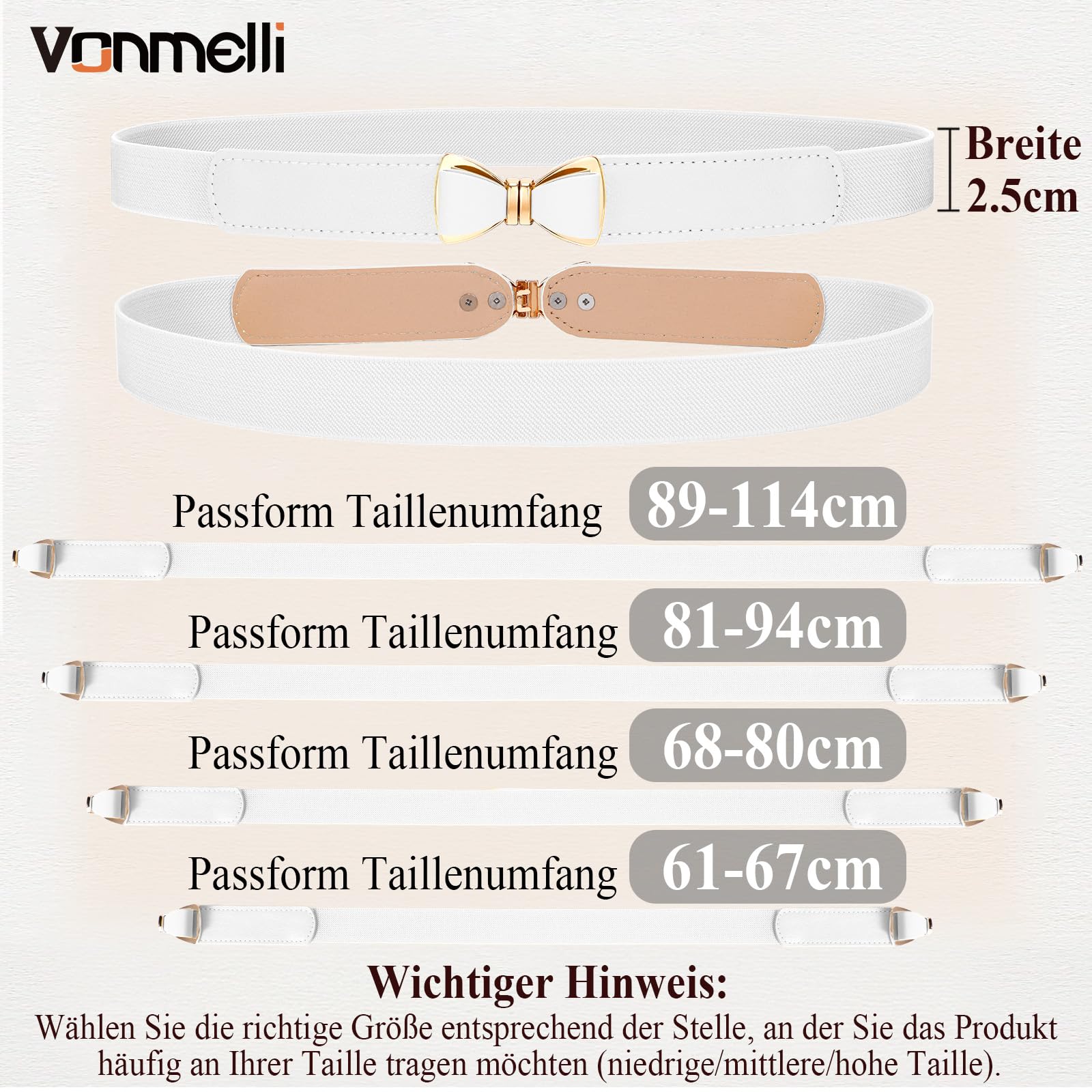 VONMELLI Elastischer Taillengürtel Damen,Vintage Dehnbarer Dünner Gürtel für Kleid, Mode Stretchgürtel Damen mit Schleifenschnalle