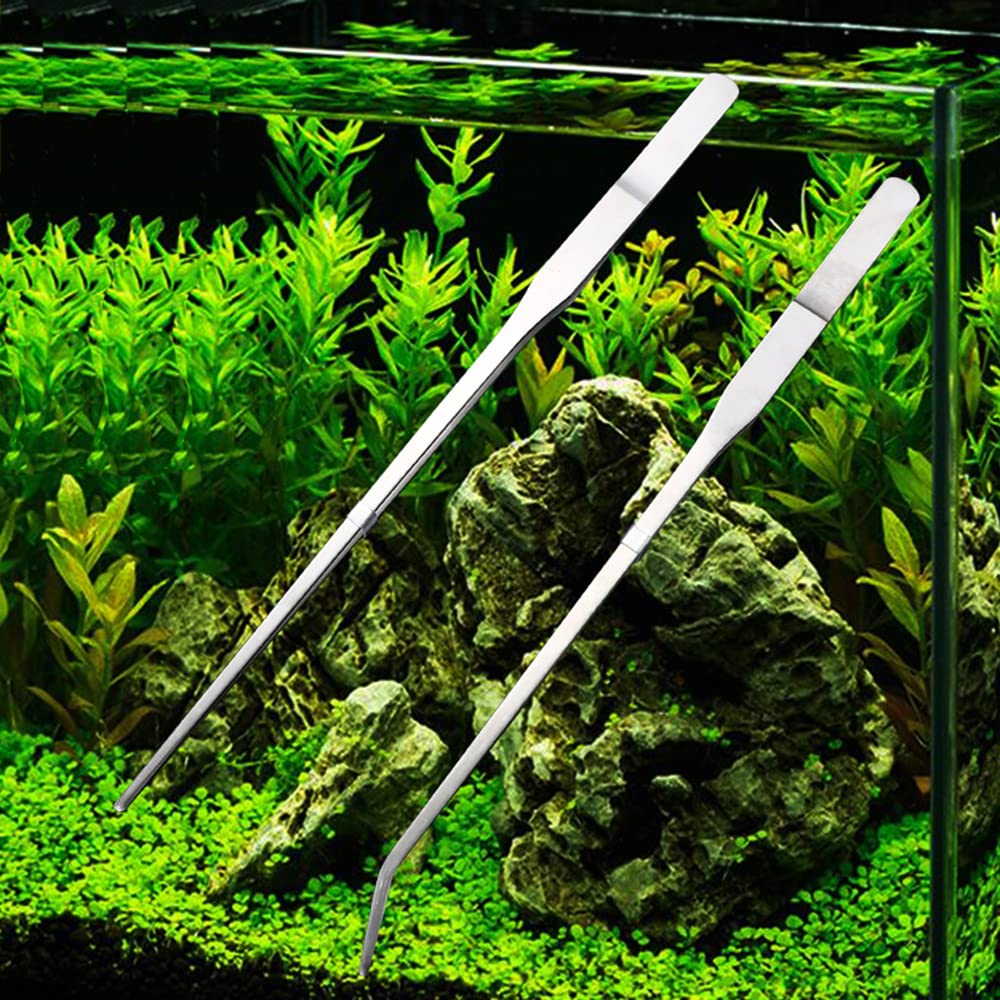 Pęseta do akwarium, bardzo długa, 27 cm, 2 sztuki pęsety do akwarium, prosta i zakrzywiona pęseta ze stali nierdzewnej, zestaw do pierwszego planu, akwarium, roślin akwariowych, szczypiec do karmienia