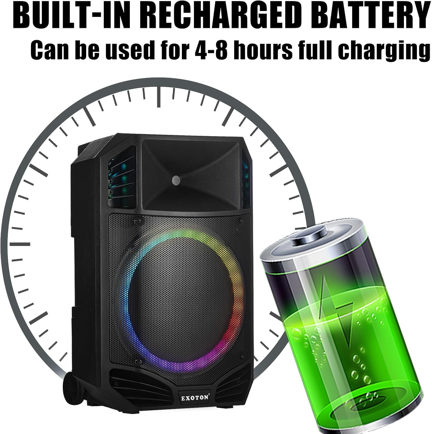 EXOTON S-1501 15 Inch Portable Rechargeable PA Speaker - 1600W, Bluetooth, TWS, USB/RCA, 2 UHF Mics, Remote, 7-Color Lights, DSP with 4 Scene Presets, 5-Band EQ - Image 4