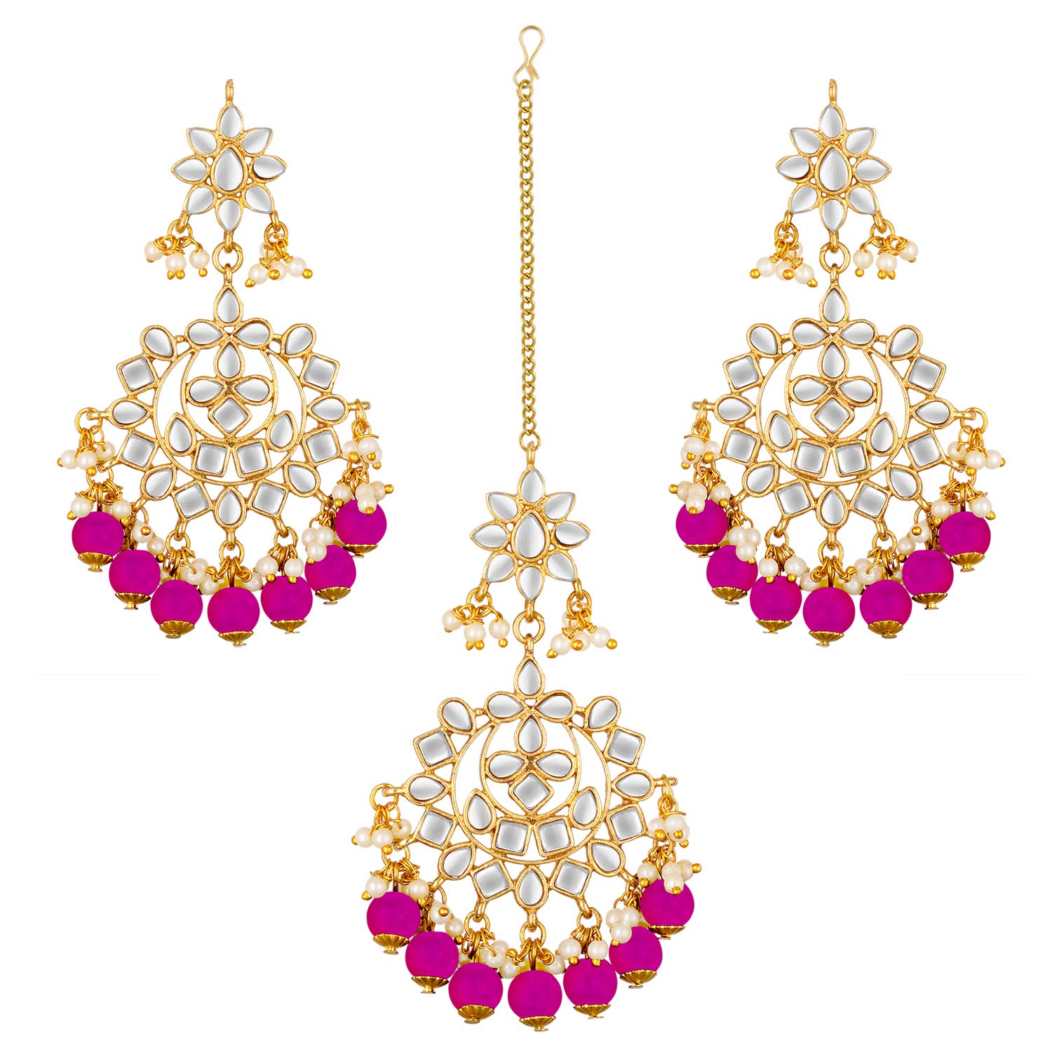 Aheli Indian Traditional Bollywood Faux Kundan Pearl Wedding Chandbali Earrings with Maang Tikka Jewelry Set Gift for Women