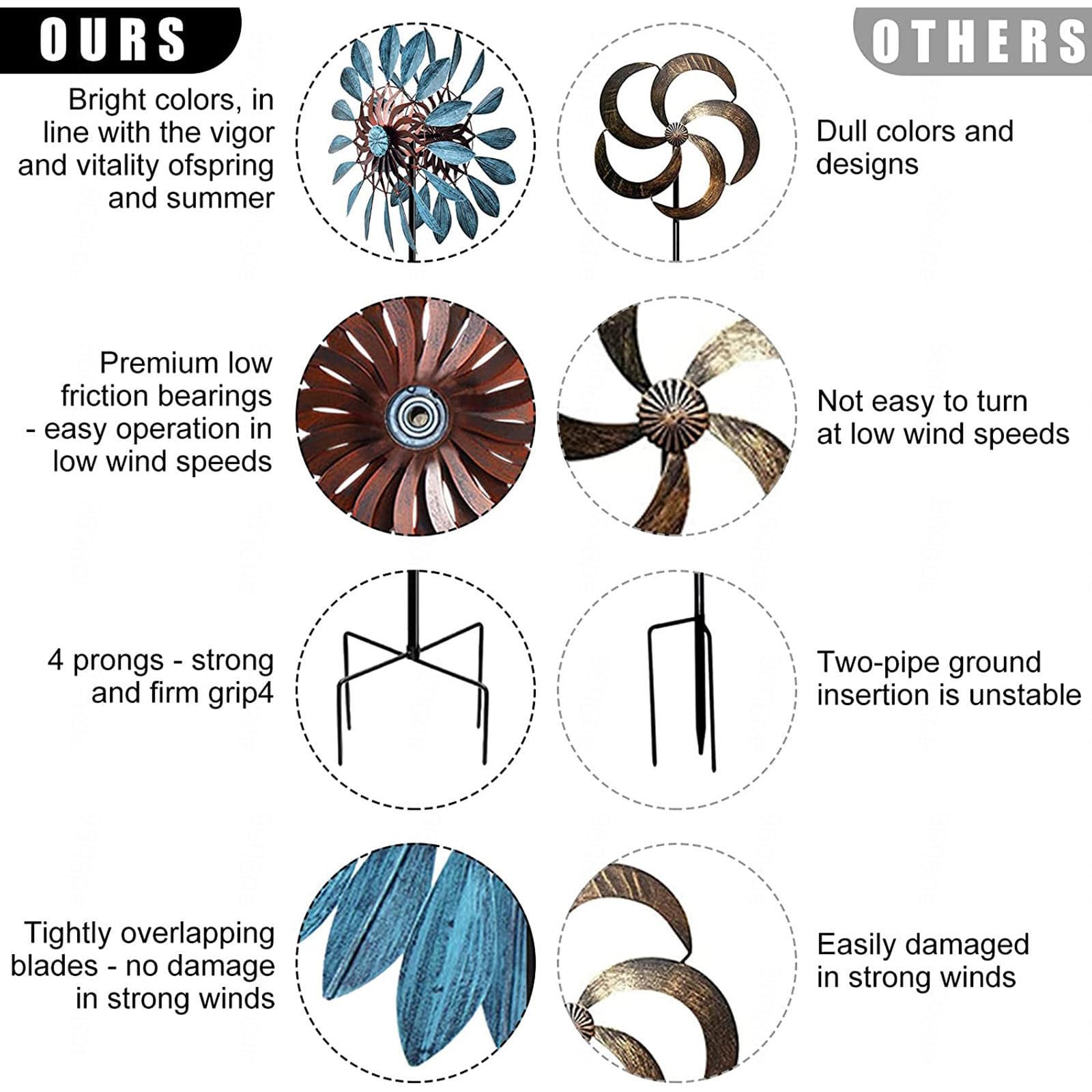 Ogrodowe wiatraki i błystki metalowe, szerokość 61 cm, wysokość 213 cm, metalowe wiatraki na podwórko 360°, podwójny wirnik, metalowy wiatrak do ogrodu, na trawnik, podwórko