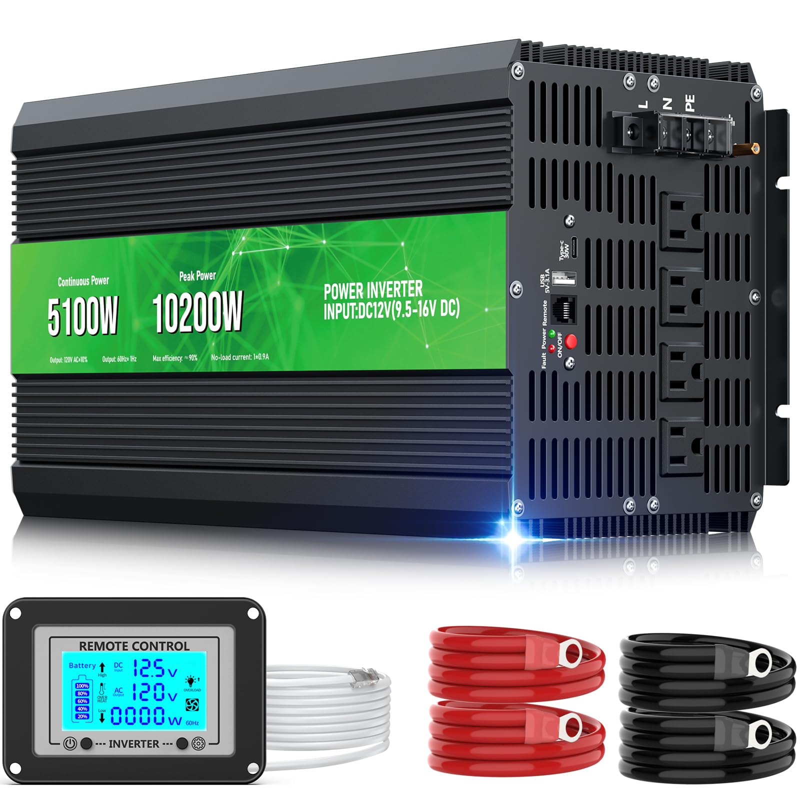 5100W Power Inverter,Peak Power 10200W 12V DC to AC 110120V,Remote Control with 4AC Outlets and3.1USB Port,LCDDisplay for Outdoor Activities,Emergency