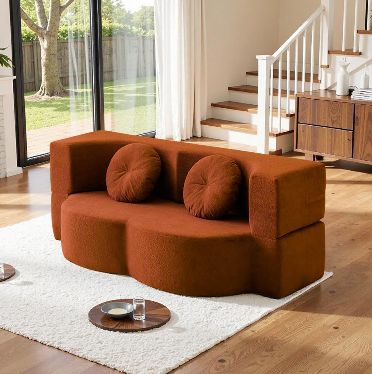 75.5" Teddy Fabric Convertible Modular Sofa Bed with 2 Round Toss Pillows, 2-in-1 3-Seater Floor Couch with Memory Foam Mattress & Non-Slip Bottom for Living Room,Bedroom,Apartment