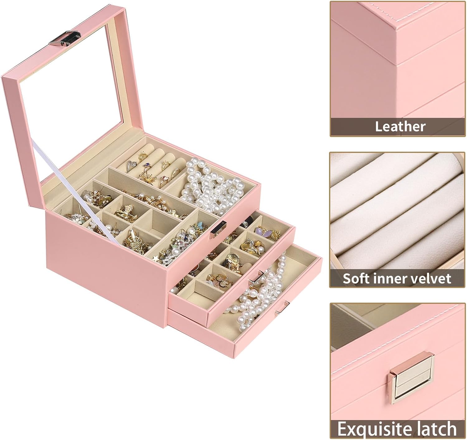 BOOVO Clear Lid Jewelry Box,3 Layers Jewelry Organizer Large Jewelry Storage Box with 2 Drawers,Jewelry Holder Organzier of Rings Earrings Necklace Bracelets for Women (Pink, 3 Layer) image 2