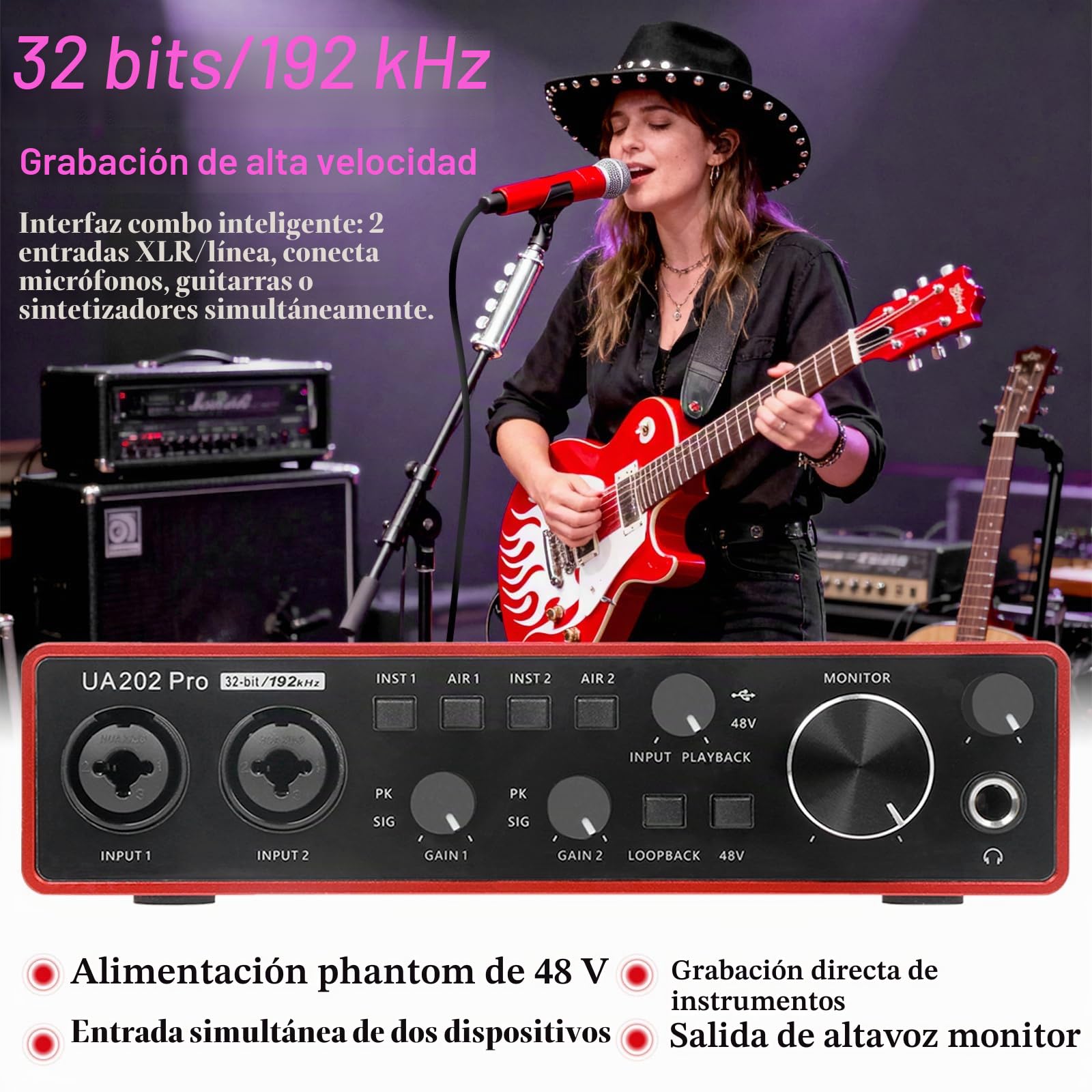 USB Interfaz de Audio para Ordenador Grabación de Música (Rojo), 2 Canales de Guitarra Interfaz de Audio, 32Bit/192kHz Podcasting Streaming con 48V Phantom Power
