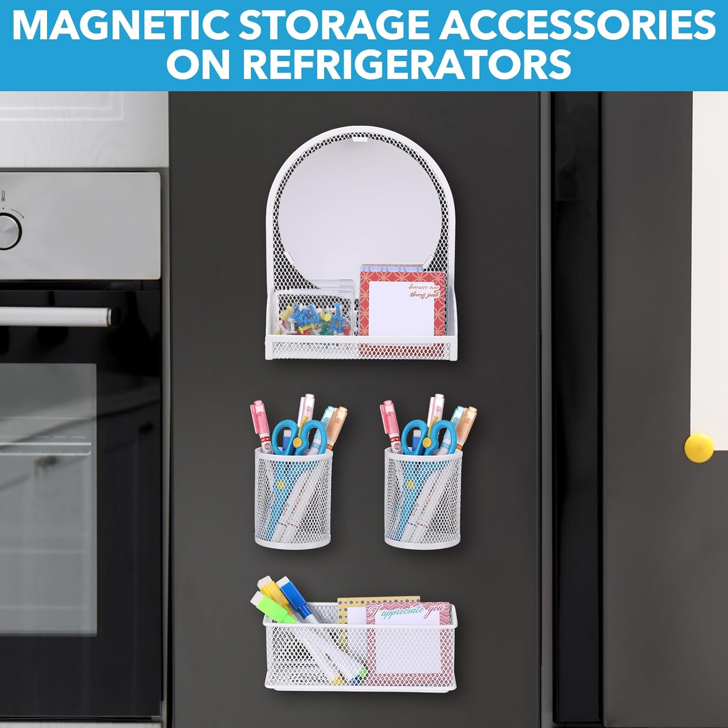 Weysat Set of 5 Magnetic Locker Accessories Mirror with 2 Magnetic Pen Holder and 2 Wire Mesh Storage Basket for Students Back to School Locker Organizer for School Office(White)