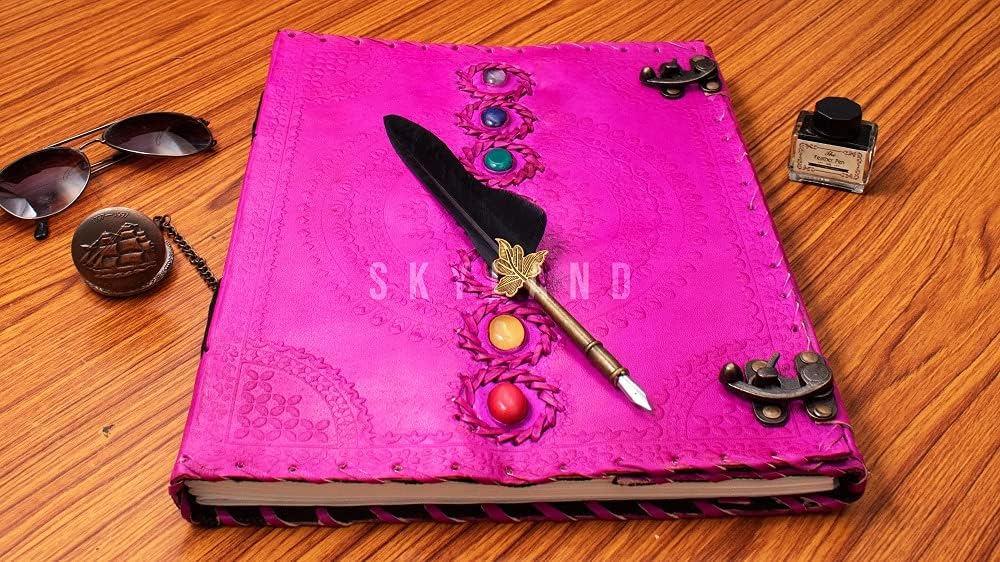 SKYLAND Leather Journal Book Seven Chakra Medieval Stone Embossed Handmade Book of Shadows Notebook Office Diary College Book Poetry Book Sketch Book 10x13 inch (Pink)