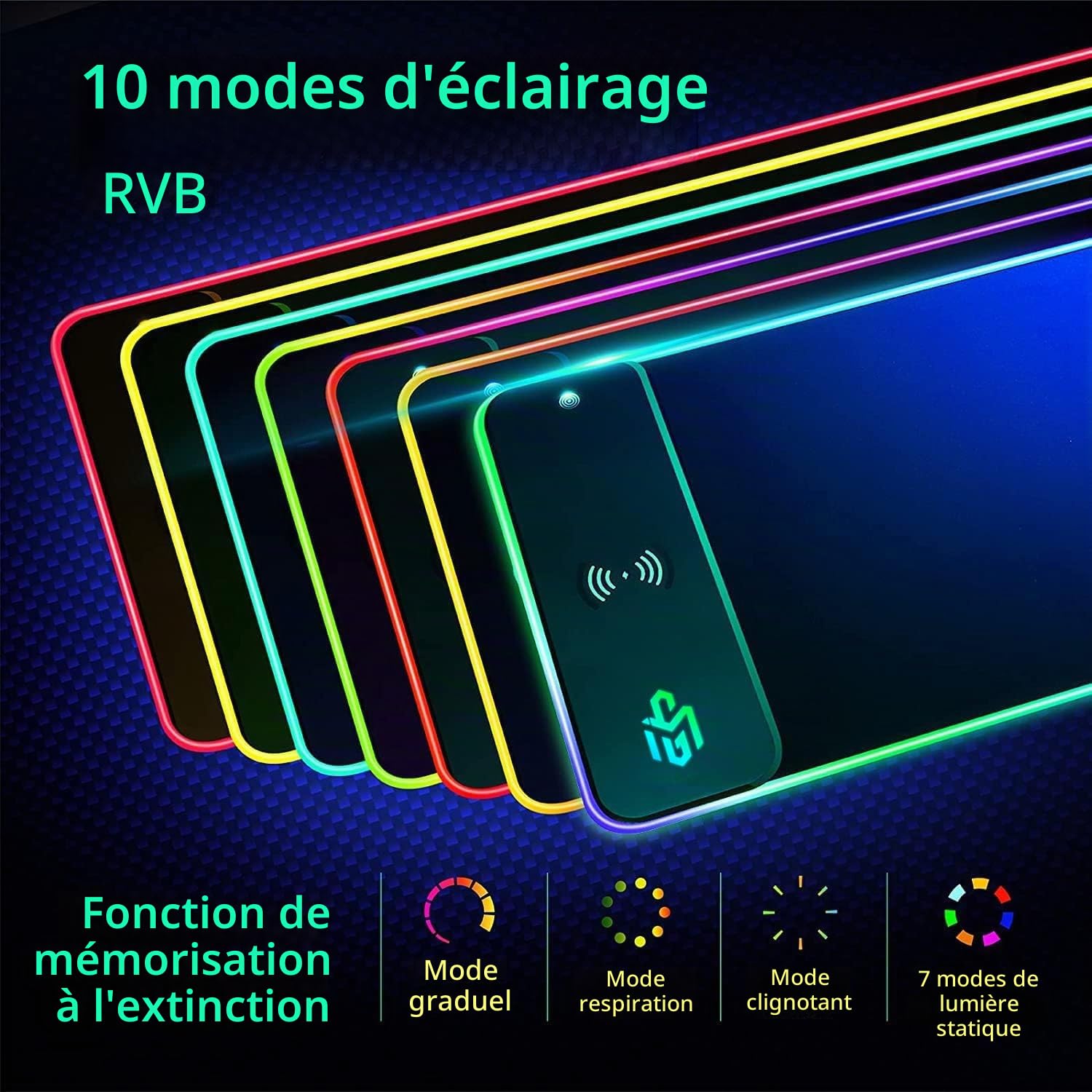 GIM 10W Wireless Charger Extended RGB Mouse Pad, antidérapant Base en Caoutchouc 10 Modes d'éclairage 4 mm Ultra épais pour Samsung Galaxy S10/S9/S8 Plus Note 9/8 iPhone 8/X/XR/XS/11/11 Pro