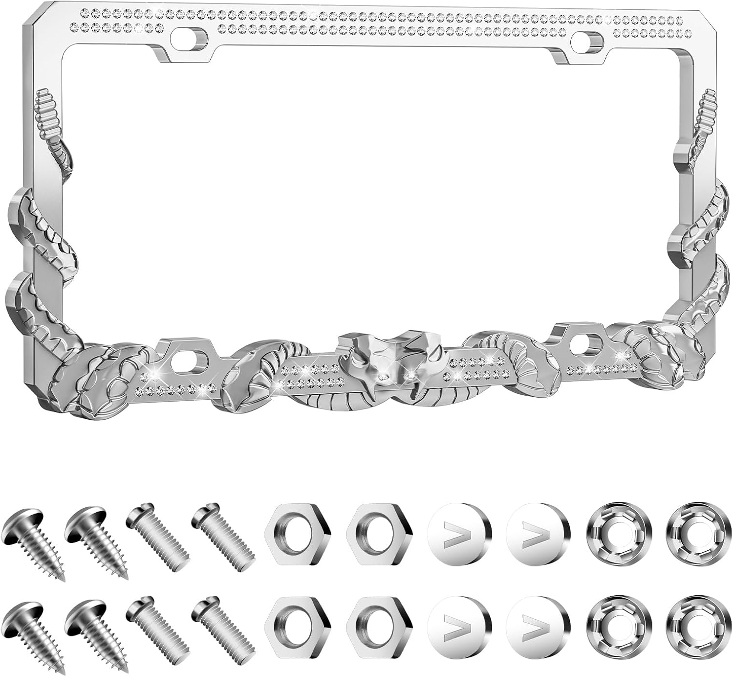 Valor Metal Plated Nobelium Silver White Diamondback Viper License Plate Frame Bling Crystals Glitter Rhinestone Car License Plate Holder, 4 Holes Zinc Alloy Frame with Anti Theft Screw Caps