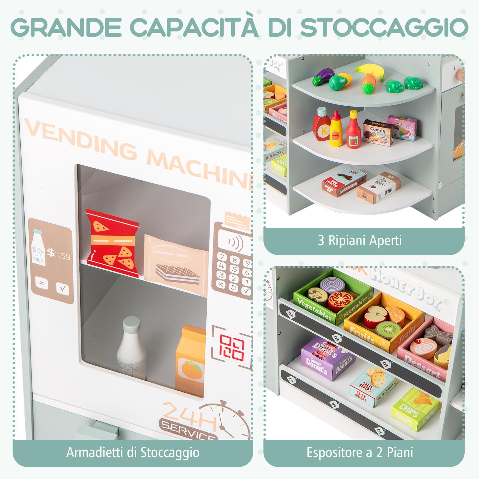 GYMAX Set di Giocattoli per il Supermercato in Legno, Supermercato per Bambini con Bancone Cassa, Distributore Automatico, Macchina da Caffè, Forno e Accessori Alimentari, per Bambini 3+ Anni