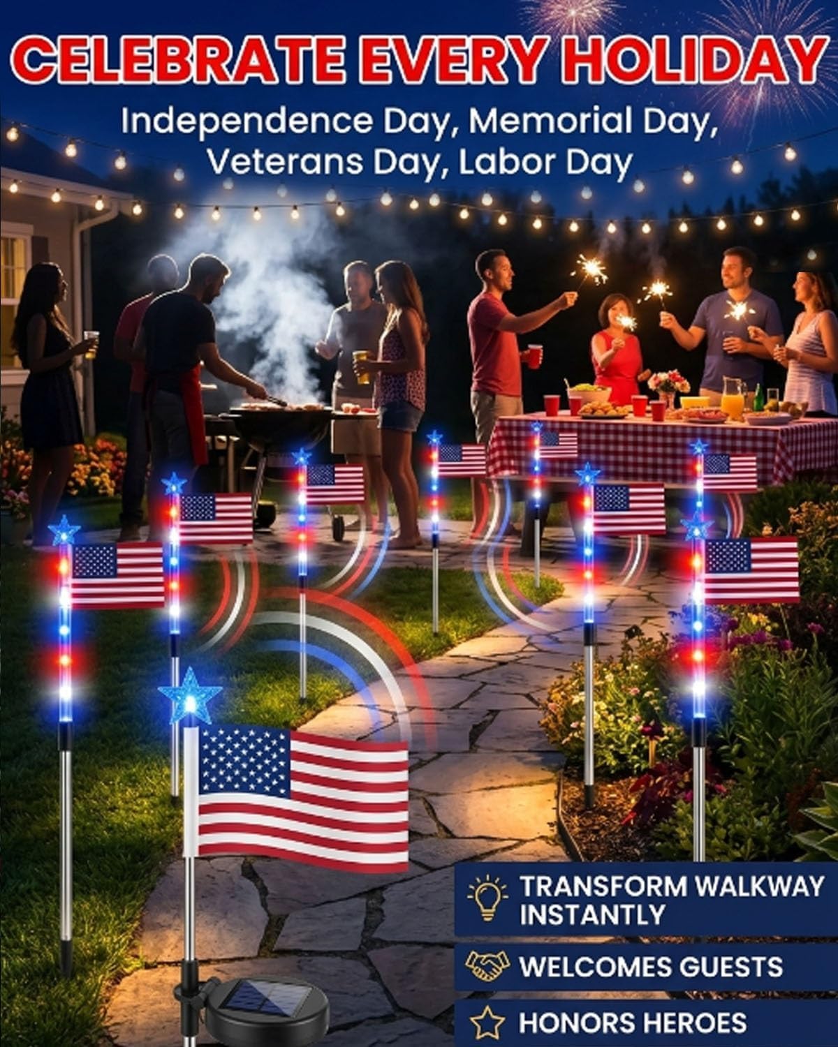 4th of July Decorations Outdoor 8pcs, Solar American Flag Lights Outdoor, Red White Blue Pathway Stake Lights with 8 Modes, Patriotic Waterproof LED Garden Decor for 4th of July, Memorial Day (16PCS)