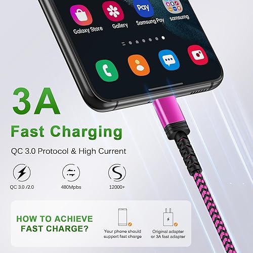 Miniatura 2 de Paquete de 3 cables Samsung de carga rápida USB tipo C de 10 pies para Samsung Galaxy A16 5G/A56/S25 Ultra/A15/A54/S24 FE/A14/A13/Z