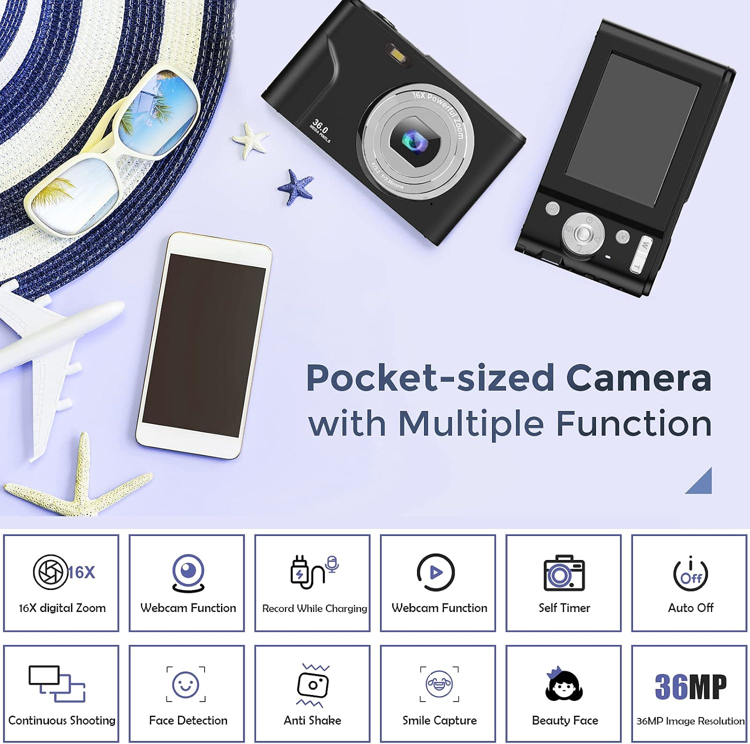 TOBERTO HD Digital Camera, 1080P Vlogging LCD Mini Camera with 16X Zoom 36MP Digital Point and Shoot Camera Video Camera, for Kids Students Beginners Beauty Face