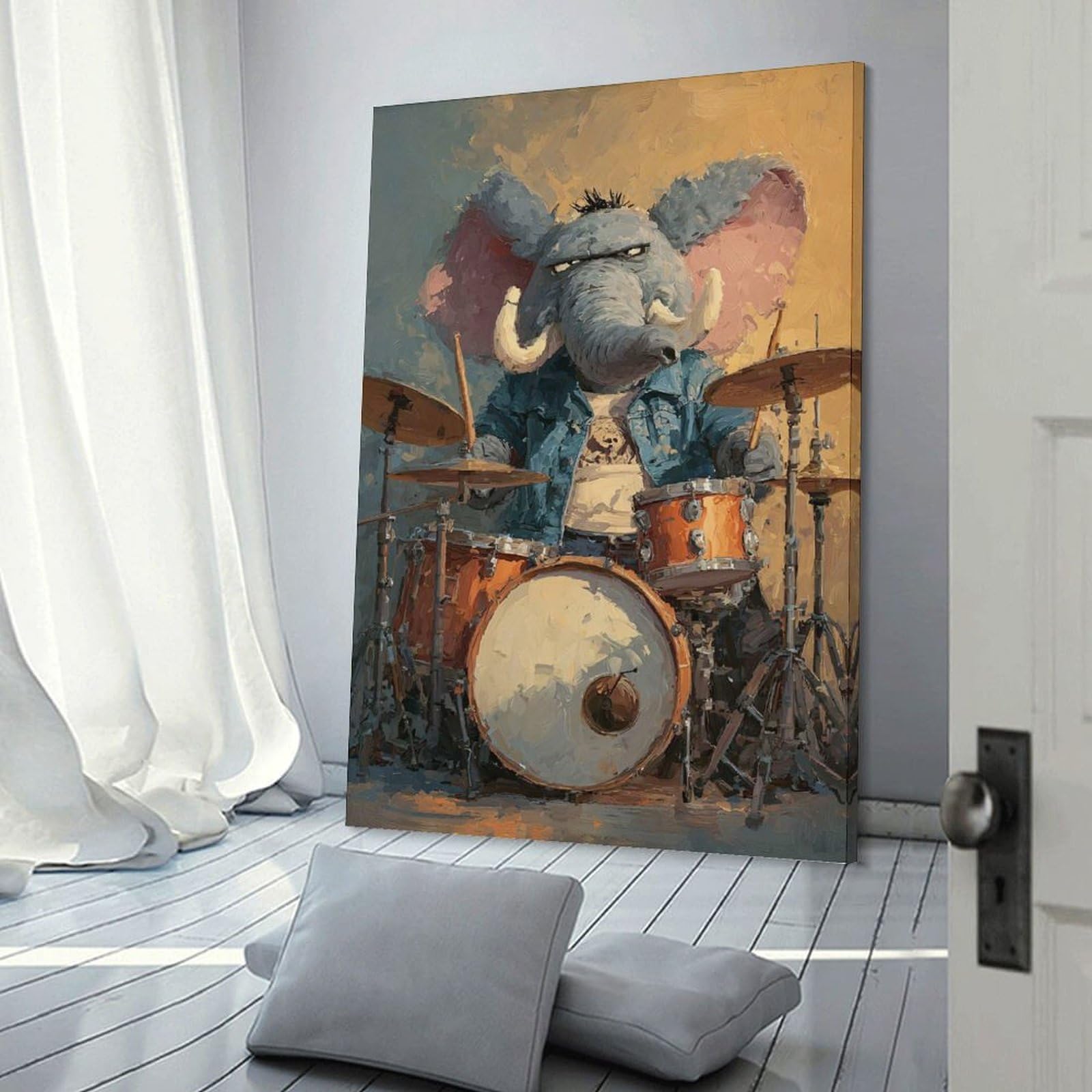 Junmoney Elephant Drummer with Attitude Canvas Wall Picture, 08x12inch(20x30cm), for Wall Displays, Bedrooms Or Room Updates, Wall Decor Suited to Curated Displays
