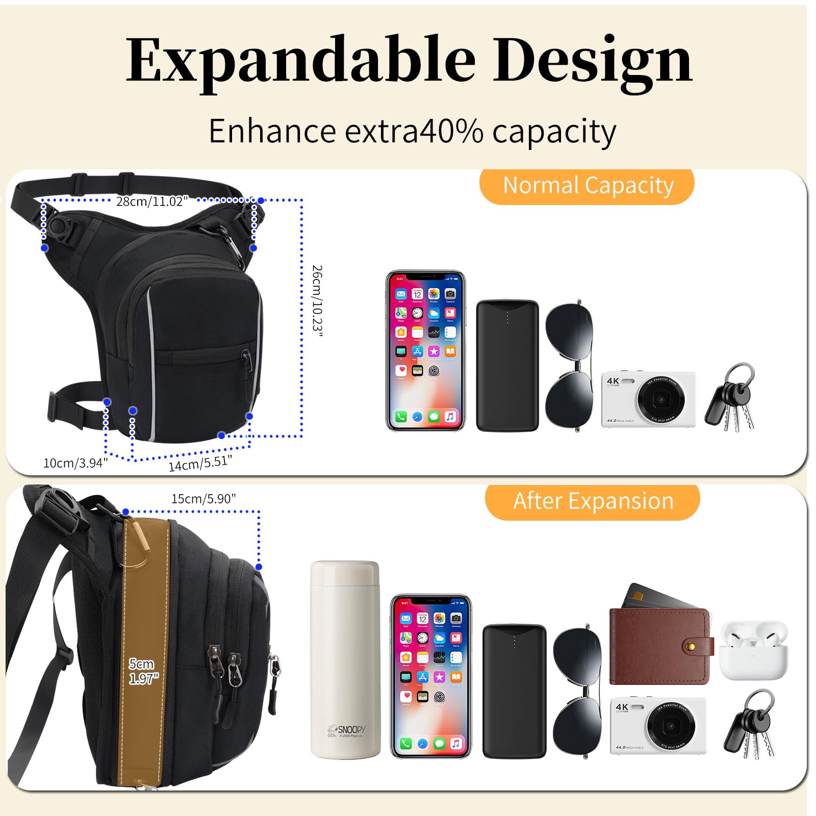 Marsupio da Gamba Moto Uomo e Donna Espandibile Borsa da Gamba con 2 Riflettente Marsupio Cosciale Borsello Sportivo con Multitache per Trekking Ciclismo Viaggio Campeggio Pesca (nero)
