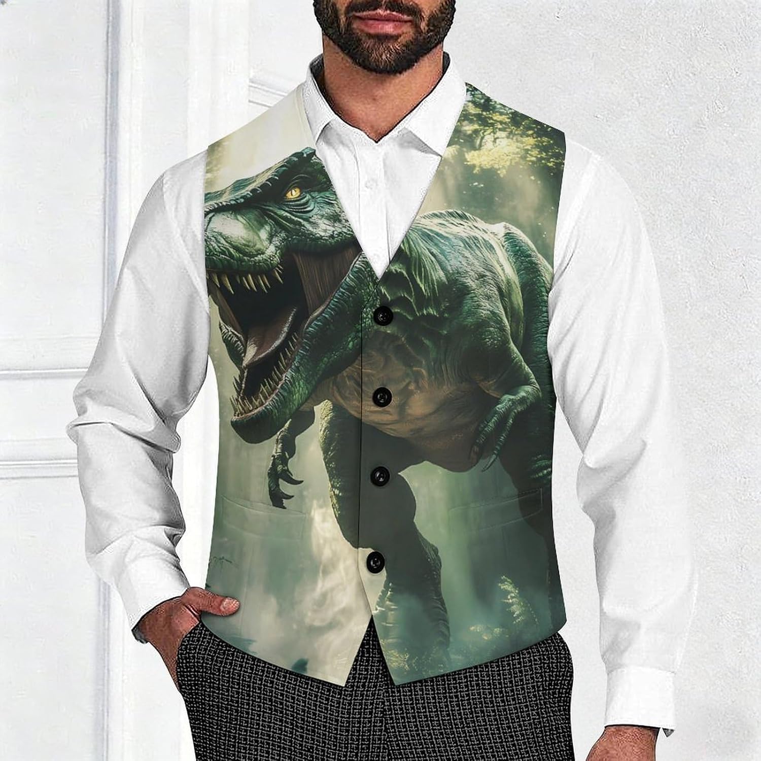 Dinosaur Tyrannosaurus in Jungle Men's Suit Vests Waistcoat V-neck Formal Dress Tuxedo for Business