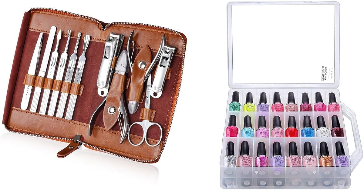 Organizador de esmalte de uñas Makartt, soporte de esmalte de uñas universal transparente para 48 botellas Paquete con kit de manicura: Kit de cuidado de uñas profesional Juego de cortadores de uñas - 11 piezas Kit de herramientas para uñas Tavel de acero inoxidable