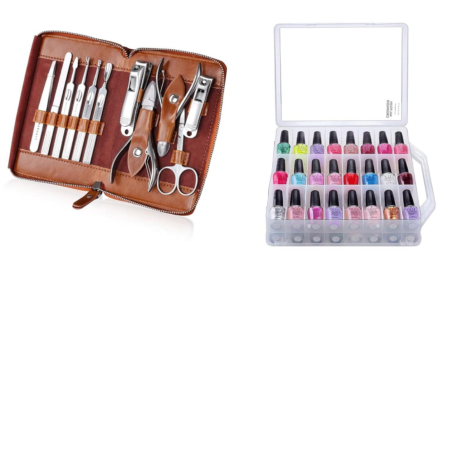 Makartt Nail Polish Organizer, Clear Universal Nail Polish Holder for 48 Bottles Bundle with Manicure Kit: Professional Nail Care Kit Nail Clippers Set - 11 pcs Stainless Steel Tavel Nail Tool Kit