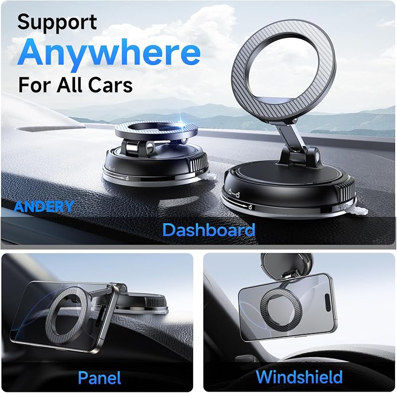 ANDERY Car Phone Holder for Magsafe [78+LBS Strongest Suction & 2400gf Strongest Magnetic] 360° Adjustable Car Phone Mount, Phone Holders for Your Car for iPhone 17-12 Pro Max Air Plus (Carbon Fiber) with Dashboard Pad