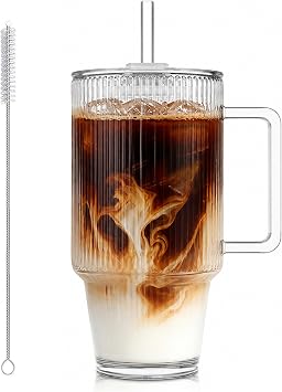 KEMORELA 24 Oz Ribbed Glass Tumblers with Lids and Straws, Tumbler Cup with Handle, Iced Coffee Glassware, Clear Reusable Drinkware for Smoothies and Beverages 1