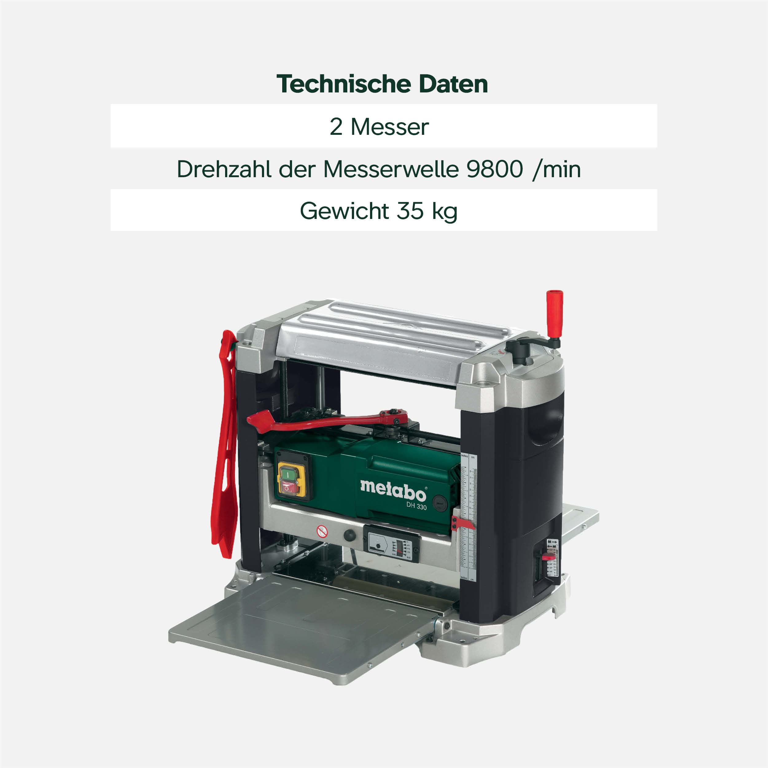 metabo Dickenhobel DH 330, Mobile Hobelmaschine mit 1800 W und HSS-Messer | Dickenhobelmaschine mit 330 mm Durchlassbreite, 152 mm Durchlasshöhe, Absaugstutzen, Schiebestock und 2 HSS-Messern