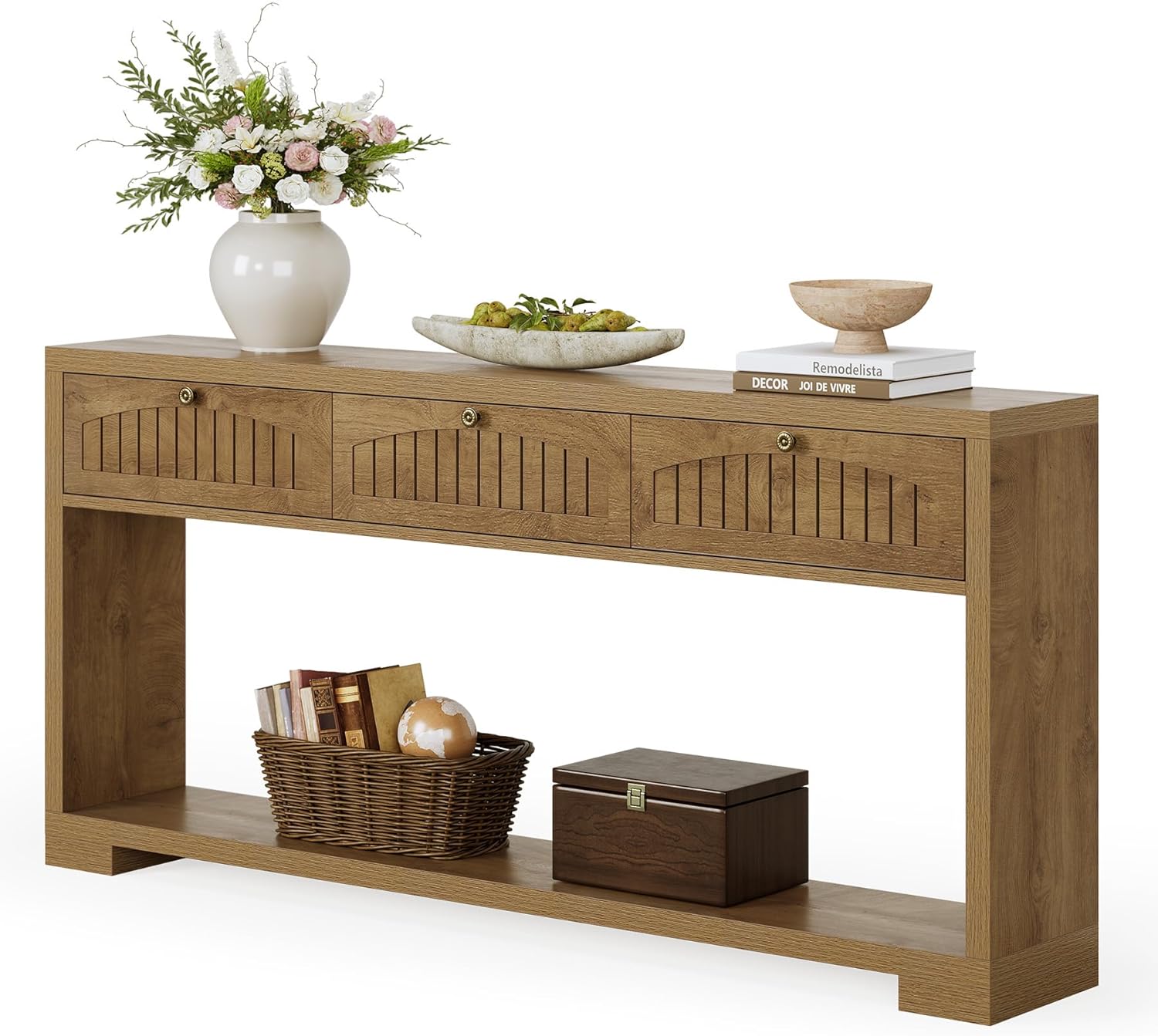 LITTLE TREE 70-Inch Console Table with 3 Drawers, Farmhouse Narrow Long Entryway Table for Behind Couch, Hallway, Sofa, Entry, Entrance, Living Room, Foyer with 2-Tier Open Shelves, Light Brown
