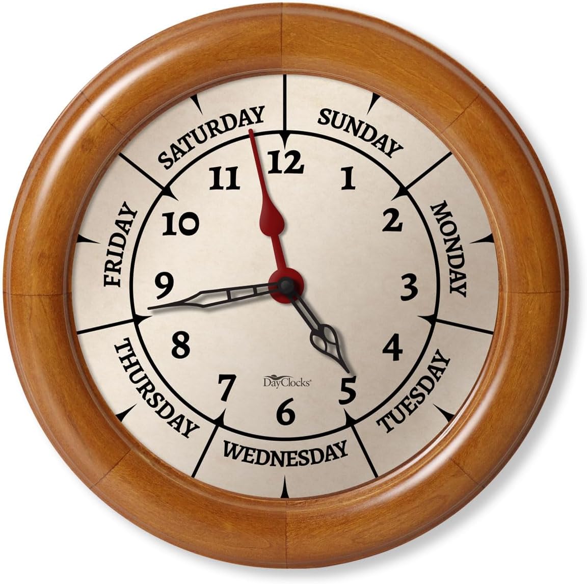 Time & Day of The Week Wall Clock with 10" Solid Pine Wood Frame – – Ideal Retirement Gift for Men and Women, Day Clock for Seniors and Retirees