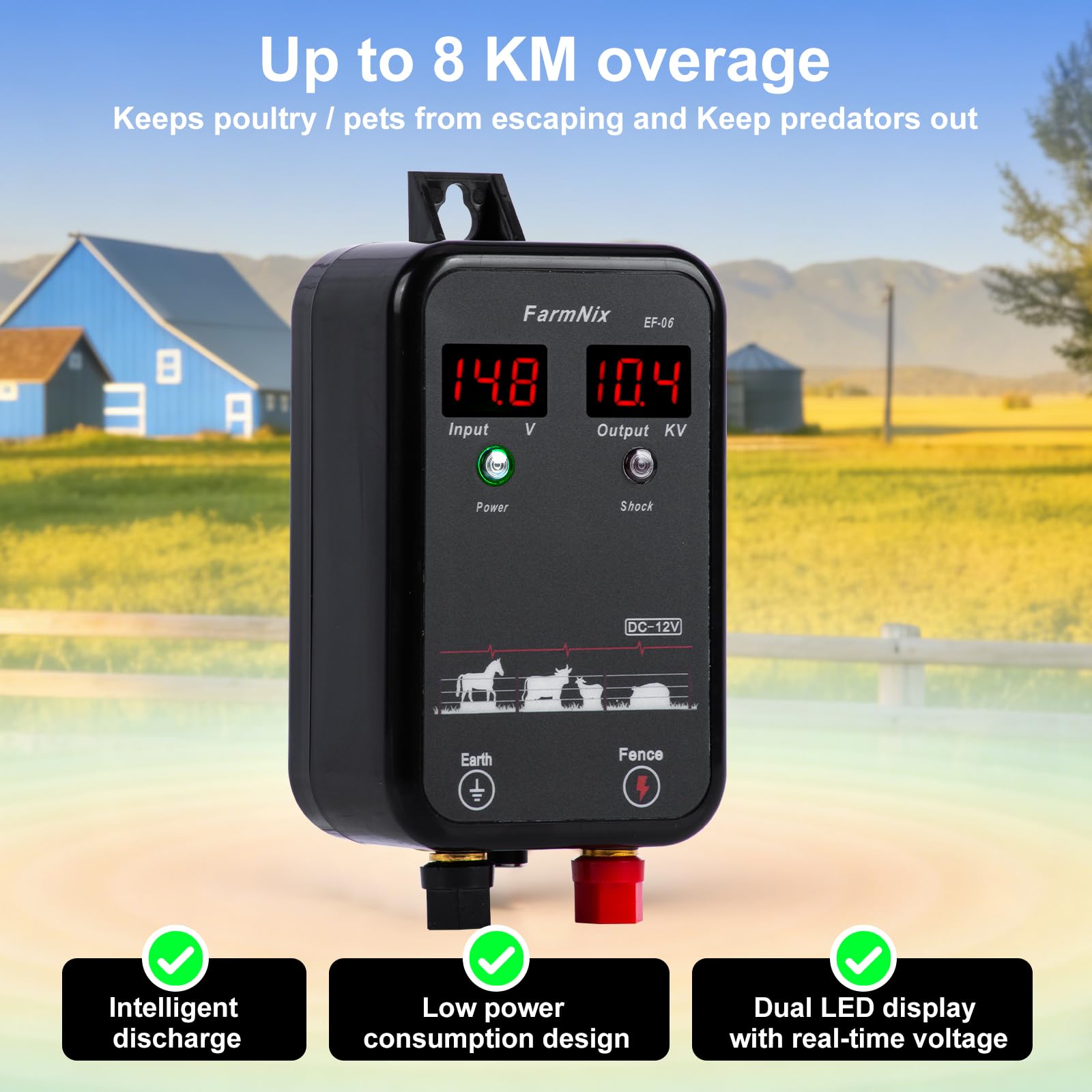 8KM Clôture électrique, Clôture électrique pour bétail, Électrificateur de clôture électrique, Haute Puissance,12V 1.0J Protection pour la protection des animaux de ferme, de la volaille, des pâ