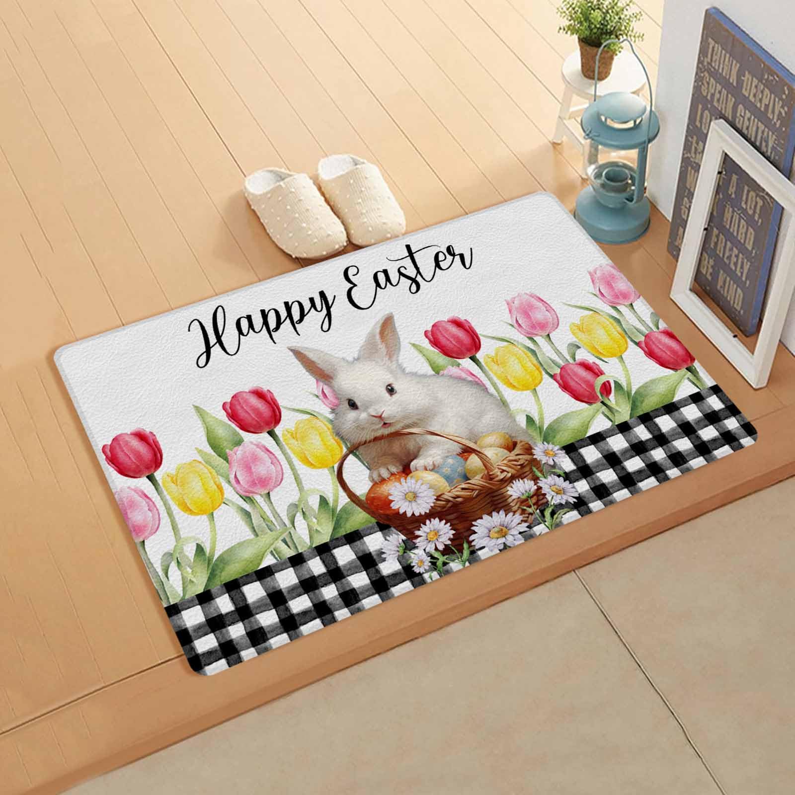 Easter Buffalo Bunny Kitchen Bath Door Mat Cushioned Runner Rug,Washable Welcome Floor Sink Antifatigue Mat,Waterproof & Non-Slip Comfort Standing Doormat,Bunny Eggs Tulip Floral Plaid Black 24