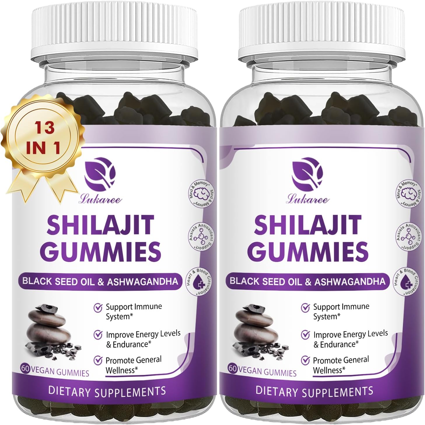 Lukaree (2 Pack) Himalayan Shilajit Resin Pure Organic Supplement, 13-in-1 Gummies for Men - 600Mg Supplements with 85+ Trace Minerals & Fulvic Acid Energy, Immune Support 120 Ct