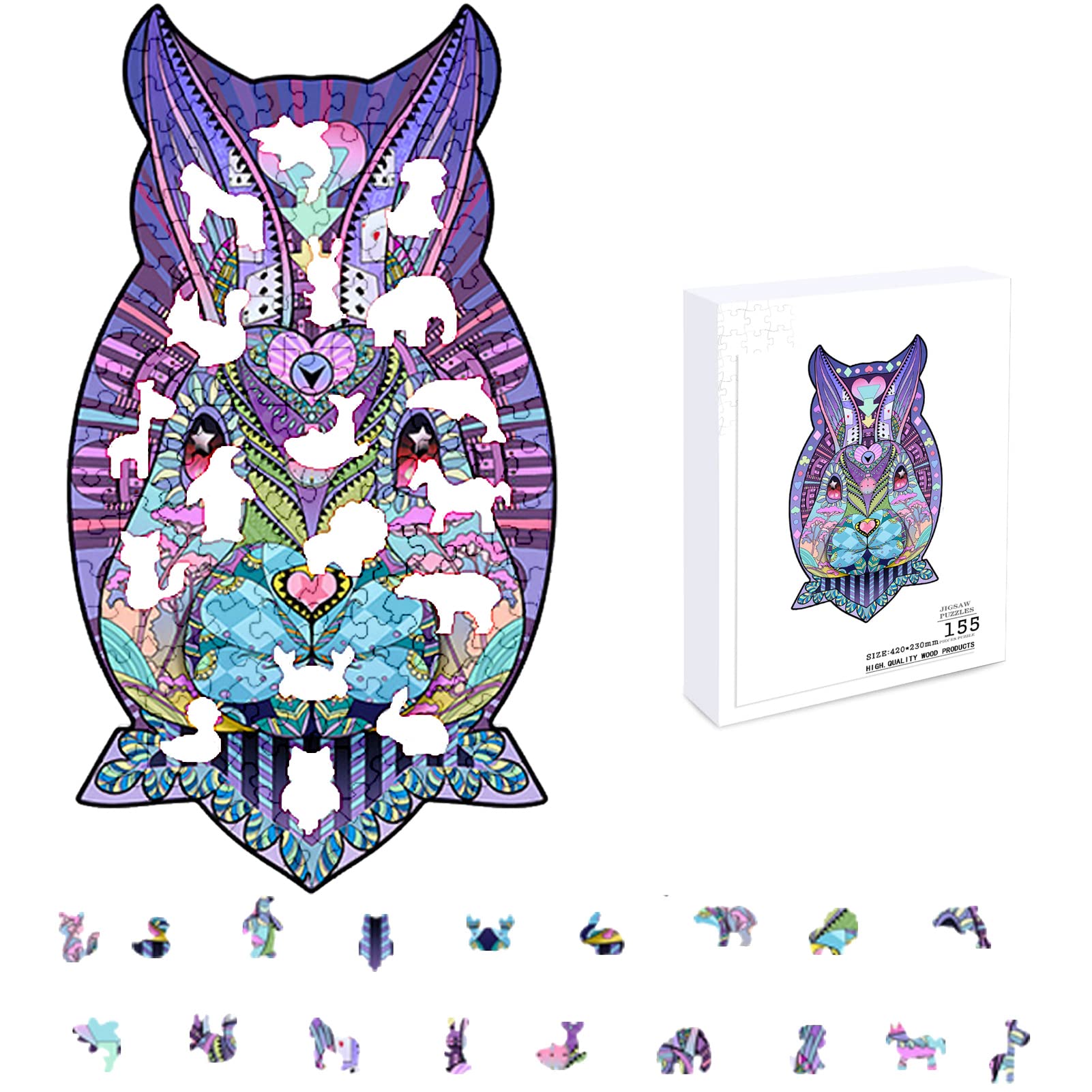 Rabbit Shaped Wooden Jigsaw Puzzle - 110 Piece Colorful Animal Puzzle For Adults & Kids