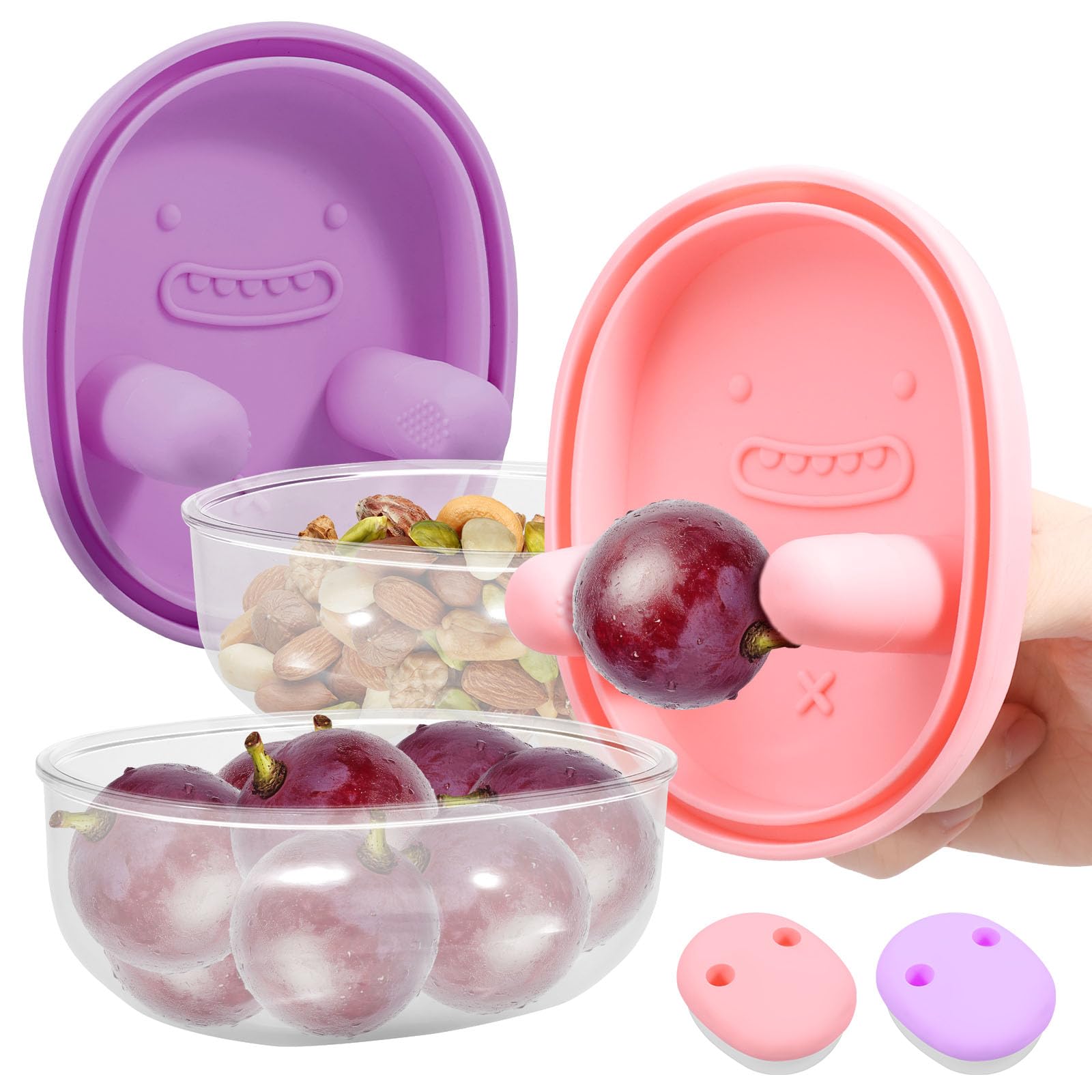 Ghshanog Purple+Pink 2Pcs Snack Container,2-In-1 No-Mess Snack Container With Fingertip Cover,Plastic Fruit Storage Box With Silicone Lid,12X10x6cm Food Storage For Travel, Camping, School, Outdoor(Purple+Pink)