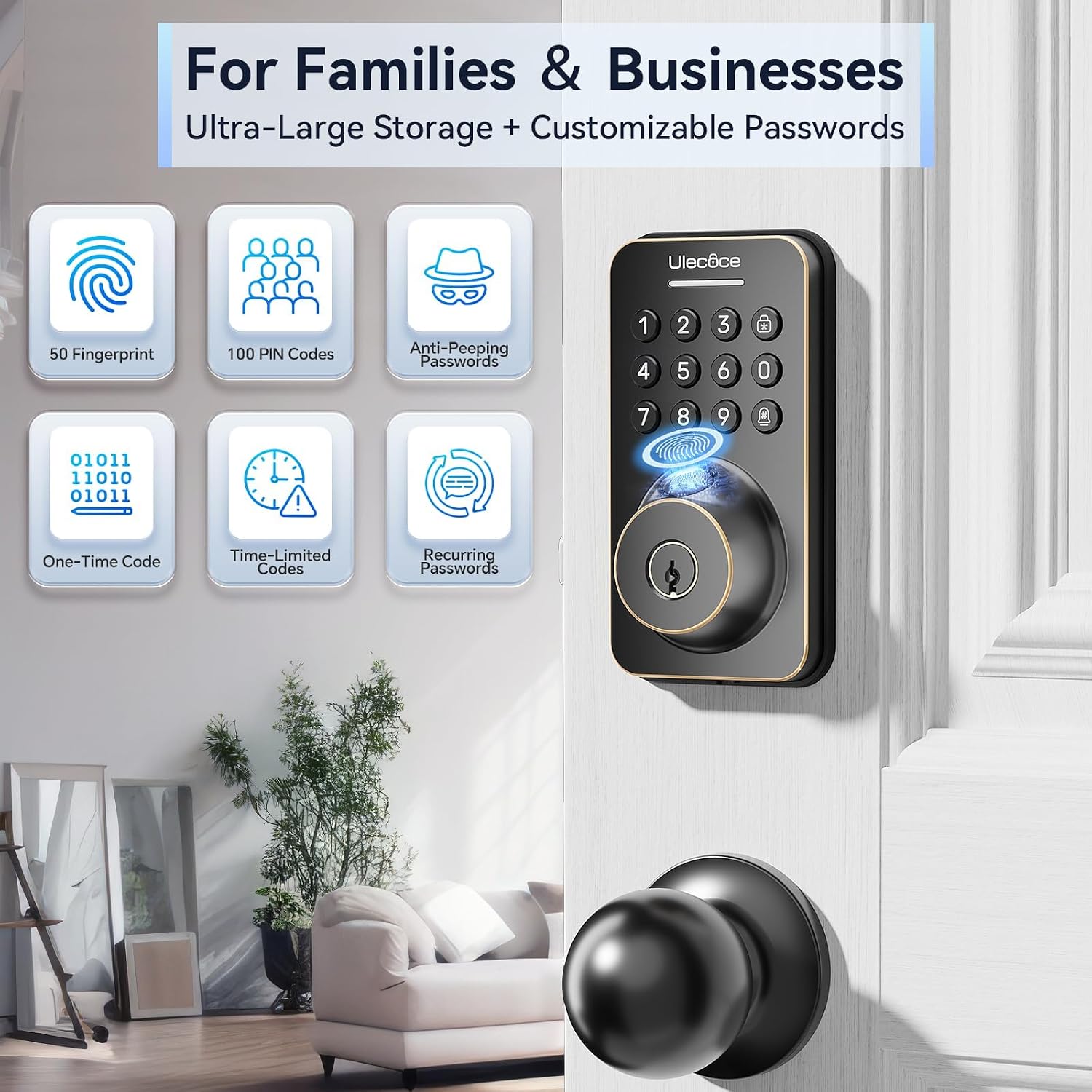 lecoce U68W WiFi Fingerprint Smart Door Lock with Knob Set, Bronze image 3