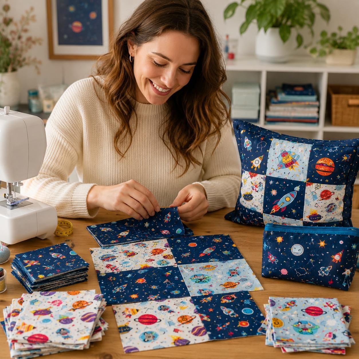 DMFR Galaxy Fabric Squares 5 x 5 Inch, 42 Pcs Cotton Charm Pack Fabric for Quilting, Space Precut Quilt Squares with Rocket Planet Prints for Baby Boy, Kids Sewing, Patchwork and DIY Crafts