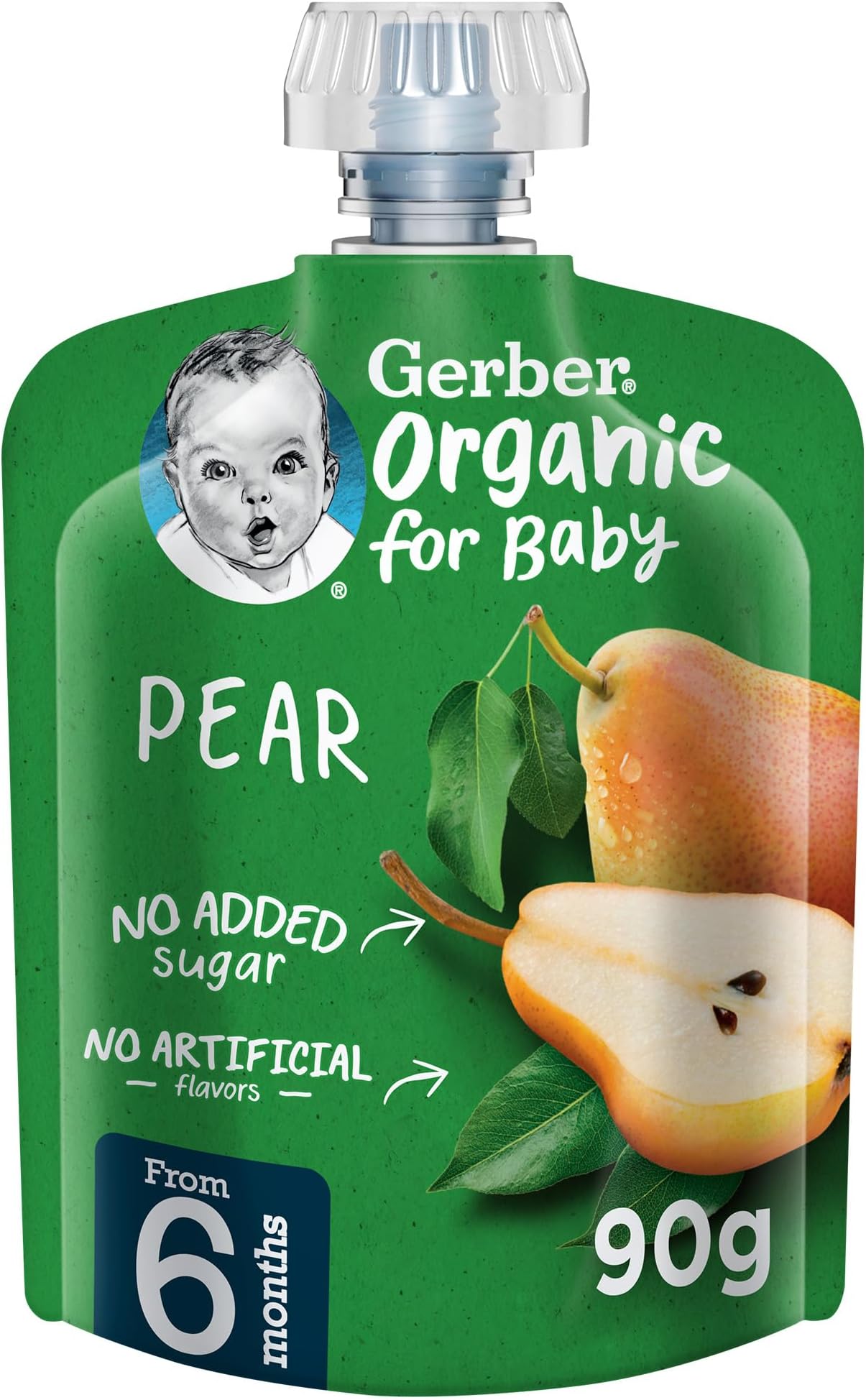 Gerber Organic Baby Food Puree Pouch Pear. No added sugar, No artificial flavors, No preservatives, 90g (6m+)