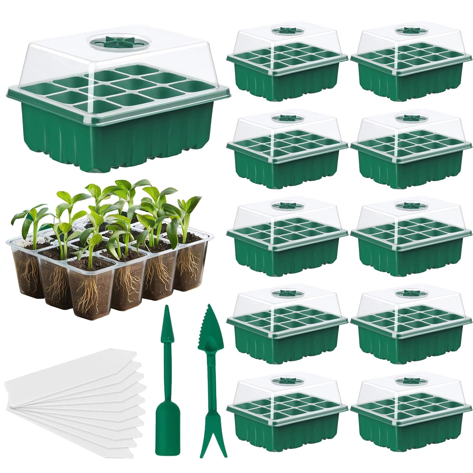 Seed Trays - 10 Pack 120 Cells Propagator Growing Thicken Seedling Starter Growing Trays with Clear Lids, Tools & Labels for Greenhouse & Gardens(10 Set)