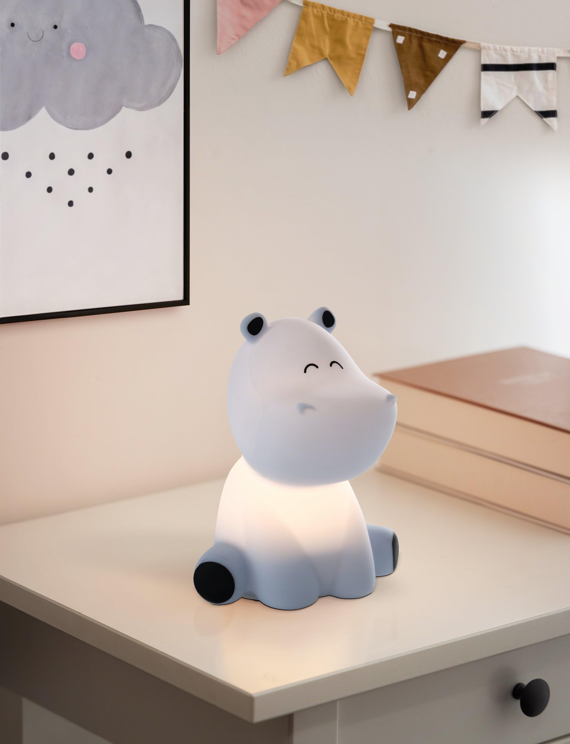 EGLO Castellino Lampka nocna LED na baterie, lampa stołowa hipopotam, dekoracja do pokoju dziecięcego chłopca, dla dzieci, łóżka niemowląt, dotykowa, niebieska, ciepła biel, RGB