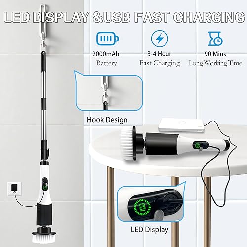 Miniatura 3 de Cepillo de limpieza multifuncional 9 en 1 con mango desmontable, 9 cabezales de cepillo reemplazables y pantalla LCD, limpiador giratorio eléctrico