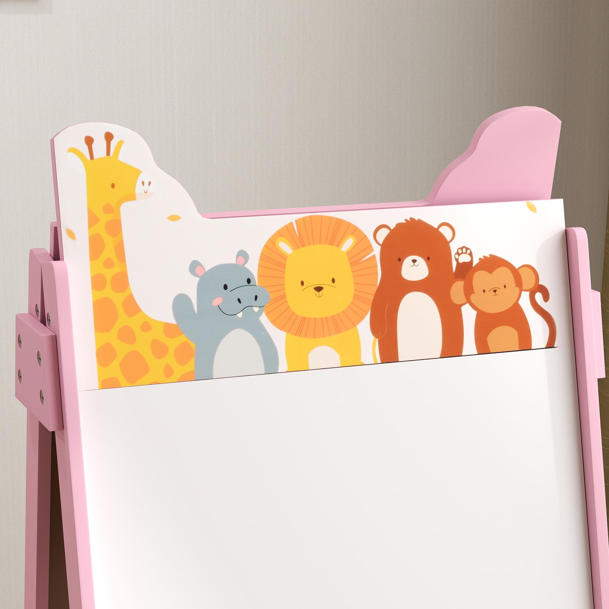 AIYAPLAY Cavalletto Artistico per Bambini 3-8 Anni con Lavagna Bianca, Lavagna Nera e 2 Cestini Contenitori, Cavalletto per Bambini in Legno, 53.5x49x113 cm, Rosa