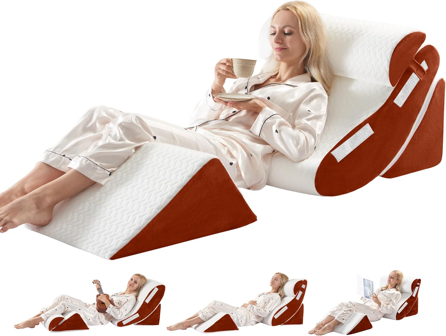 Orthopedic Bed Wedge Pillow Set 4PCS  Memory Foam Pillows for Sleeping, Post Surgery, Back Pain, Sitting Up in Bed, Acid Reflux, Snoring, Leg & Arm Support, White Brown