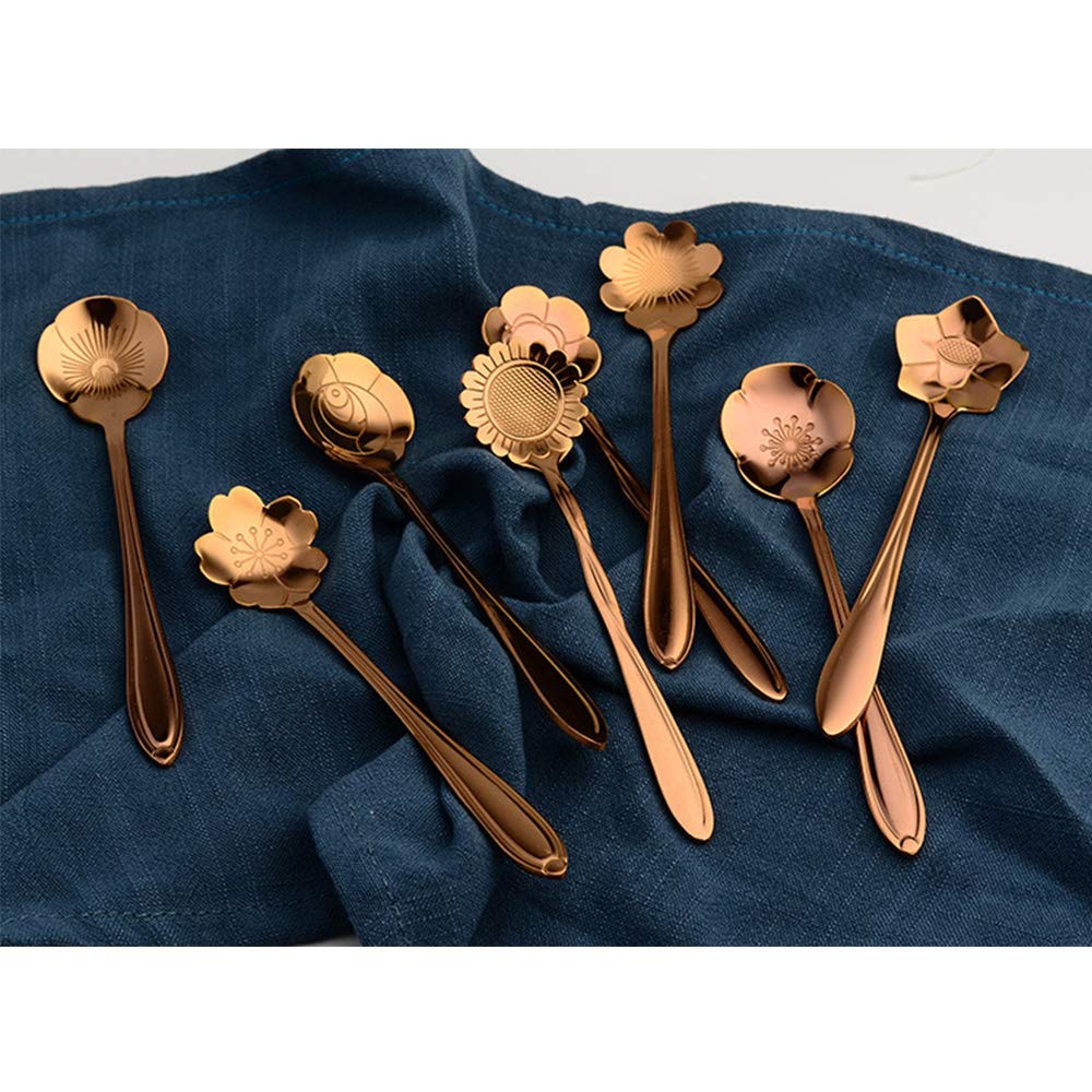 MINGZE 8 Pieces Flower Tea Spoons Set, Tableware Creative Stainless Steel Coffee Spoon Teaspoons, for Coffee Tea Parties, Stirring, Mixing, Sugar, Dessert, Jam, Ice Cream Spoon (Rose Gold) - Image 2