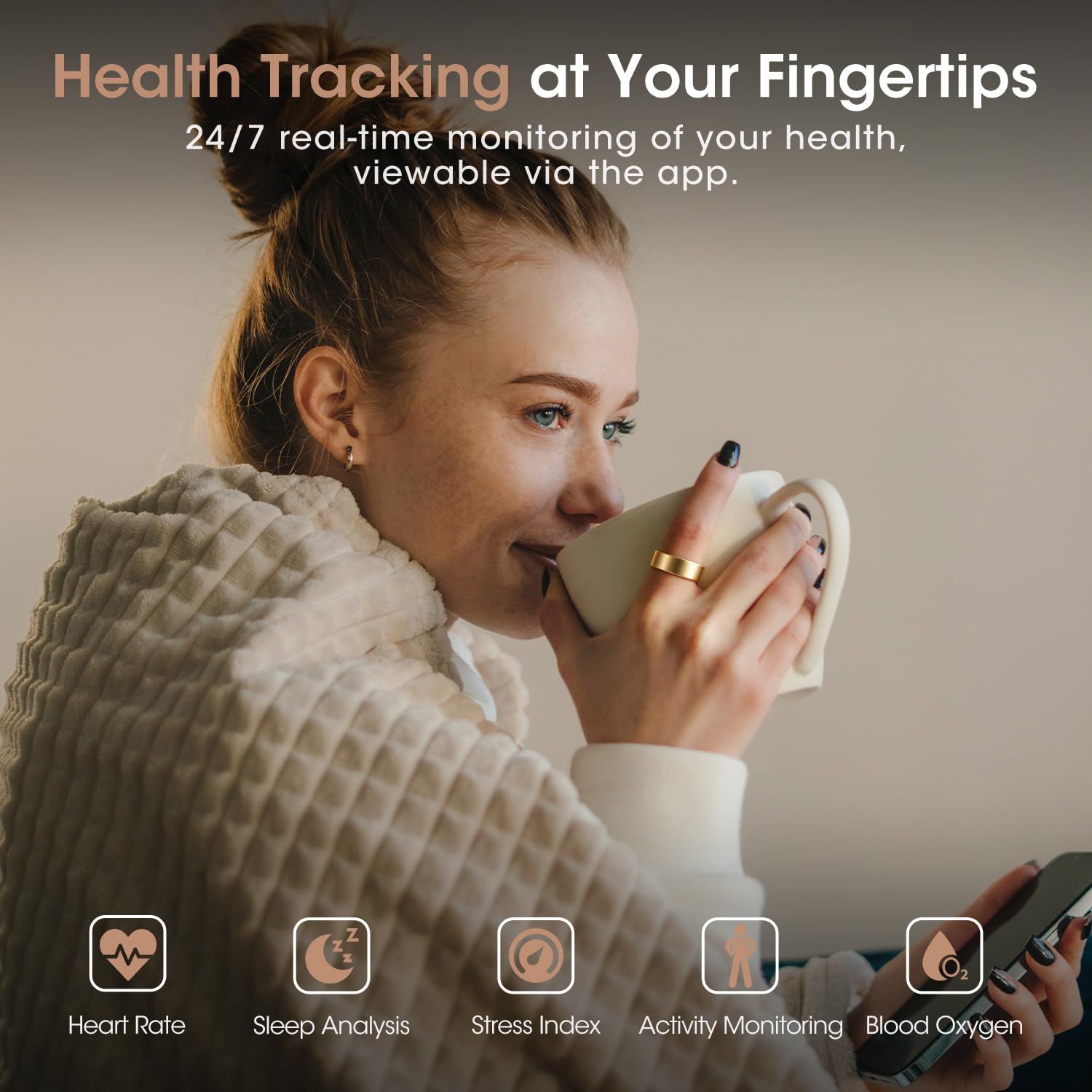 NAIXUES Smart Ring Herren Damen, Fitness Ring Tracker mit Gestensteuerung, Herzfrequenz(HRV), SpO2, Schlaftracker, 170+ Sportmodi 5ATM Wasserdicht Smartring für Android und iOS, Size 9, Gold